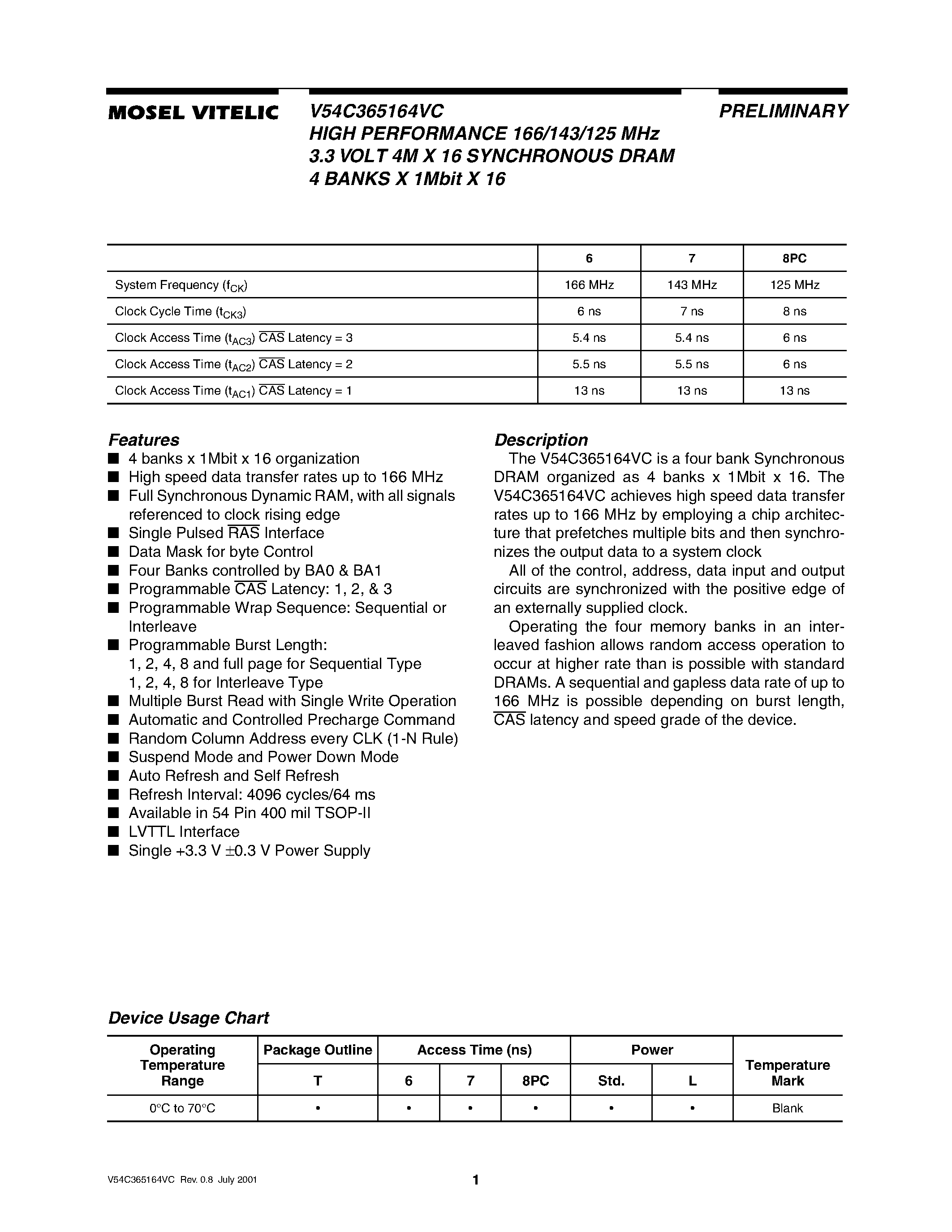 Datasheet V54C365164 page 1 Datasheet V54C365164 - HIGH PERFORMANCE 166/143/125 MHz 3.3 VOLT 4M X 16 SYNCHRONOUS DRAM 4 BANKS X 1Mbit X 16 page 1