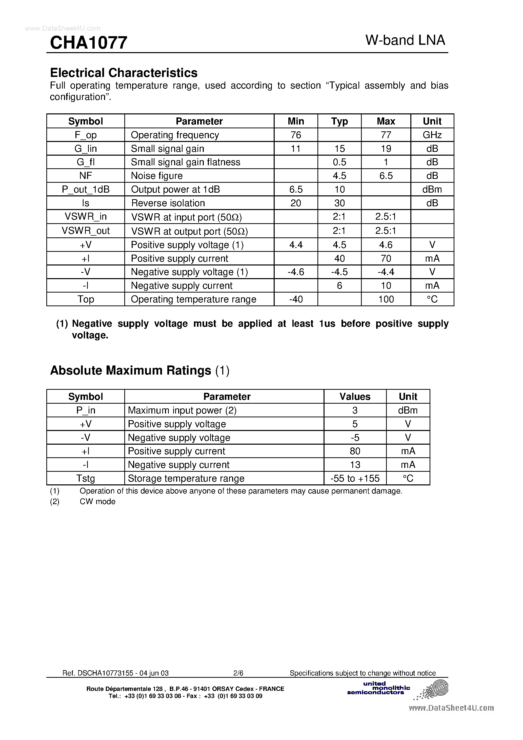 Даташит на микросхему CHA1077 страница 2 Даташит CHA1077 - W-Band Low Noise Amplifier страница 2