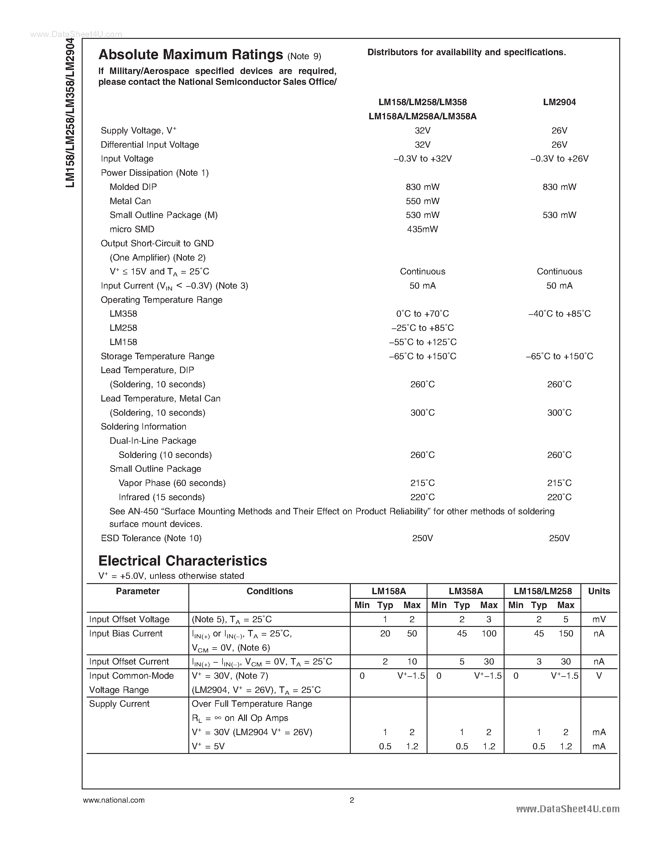 Datasheet LM358 - Low Power Dual Operational Amplifiers page 2