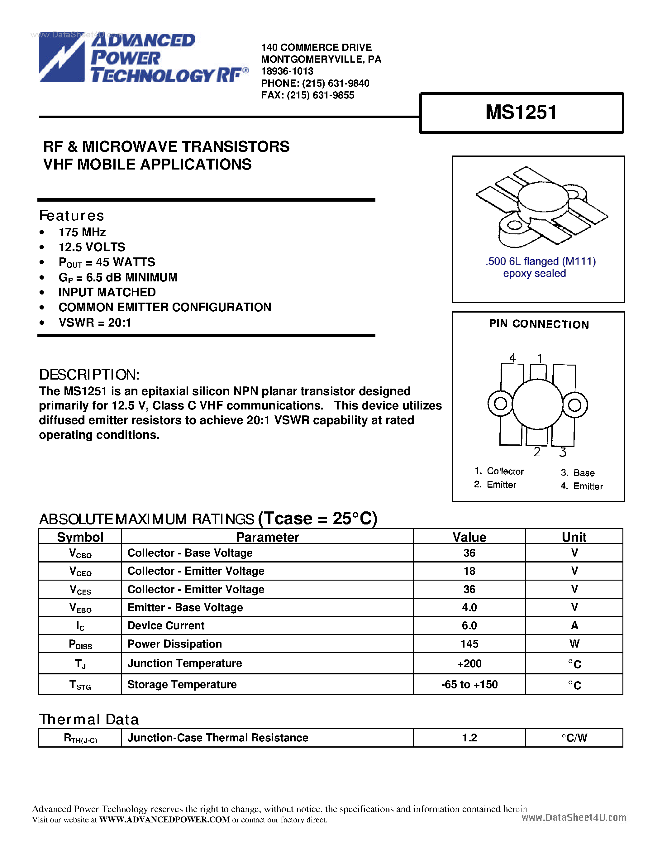 Datasheet MS1251 - RF & MICROWAVE TRANSISTORS VHF MOBILE APPLICATIONS page 1