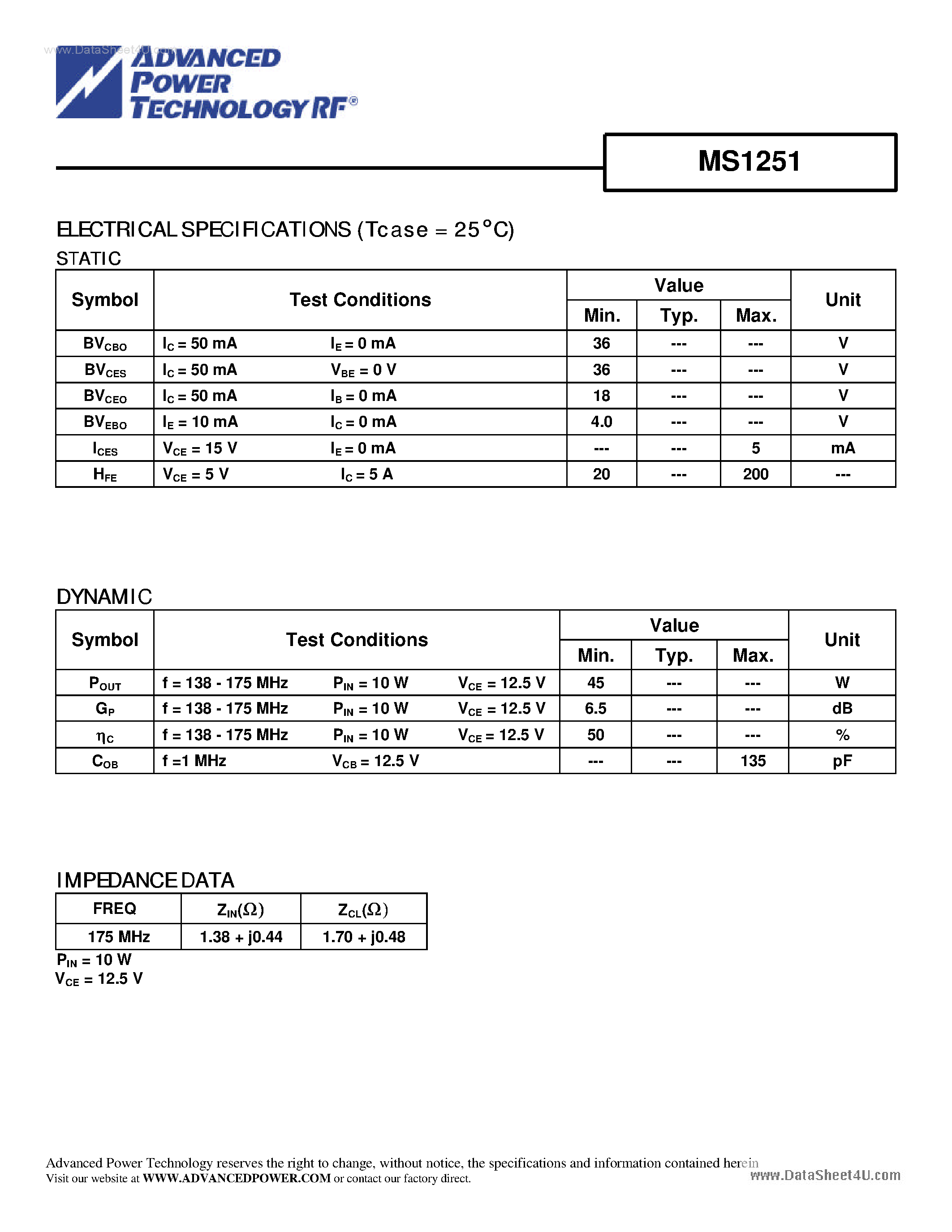 Datasheet MS1251 - RF & MICROWAVE TRANSISTORS VHF MOBILE APPLICATIONS page 2