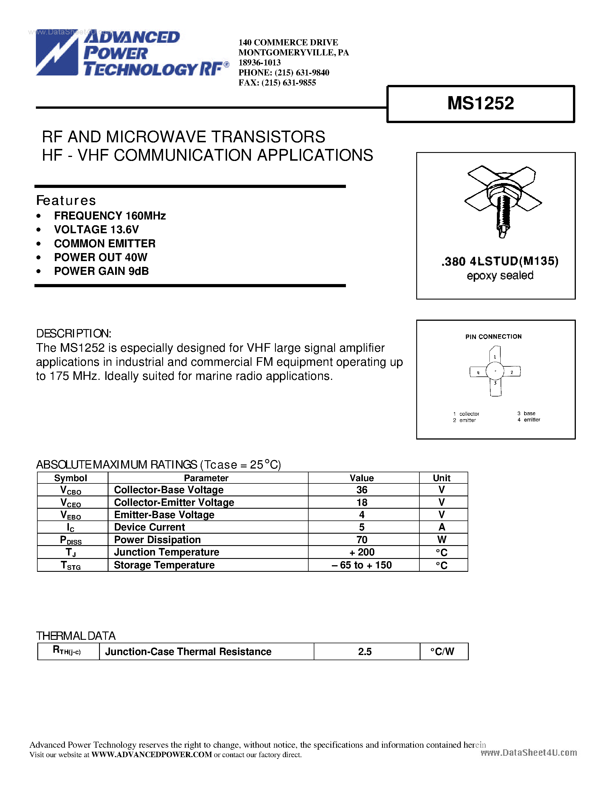 Datasheet MS1252 - RF AND MICROWAVE TRANSISTORS HF - VHF COMMUNICATION APPLICATIONS page 1