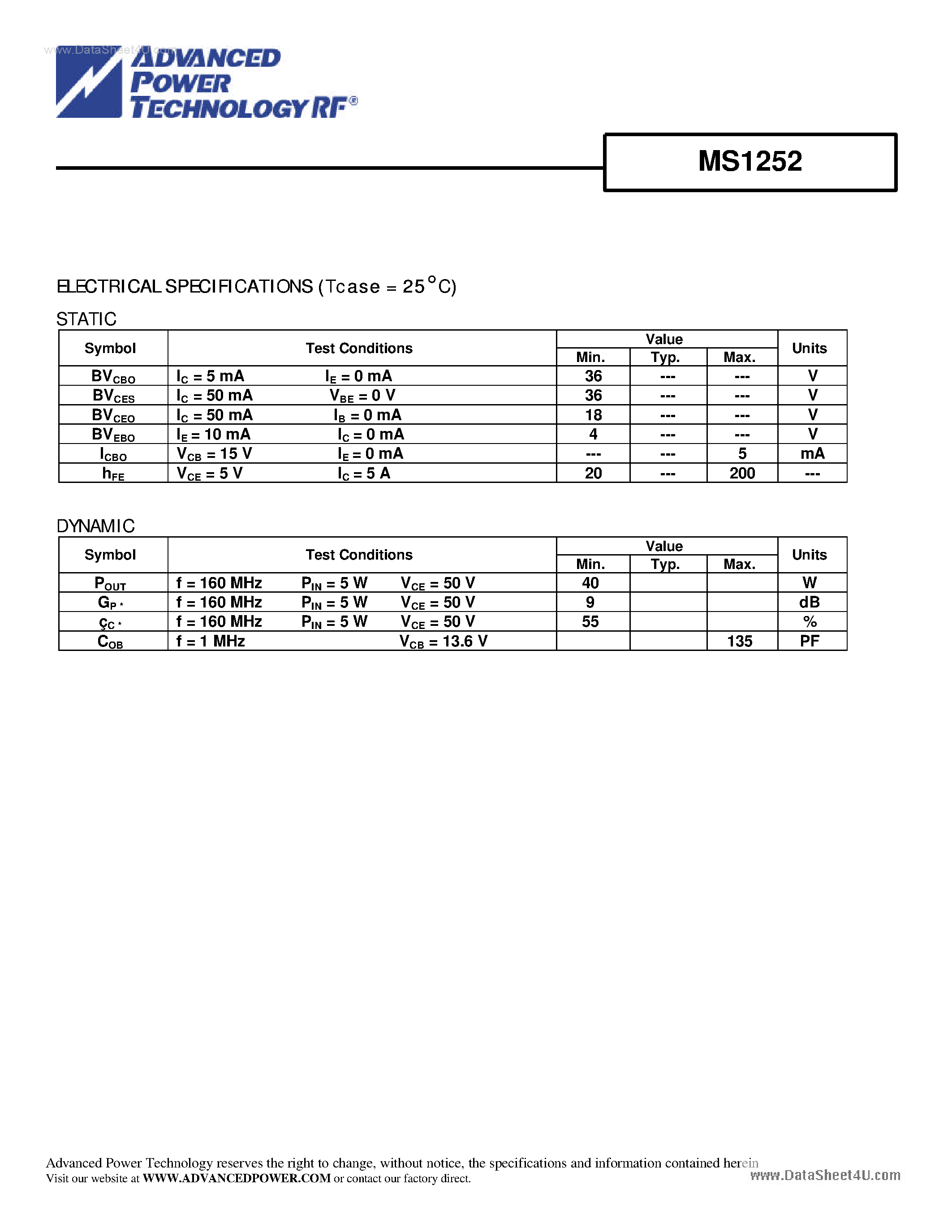 Datasheet MS1252 - RF AND MICROWAVE TRANSISTORS HF - VHF COMMUNICATION APPLICATIONS page 2