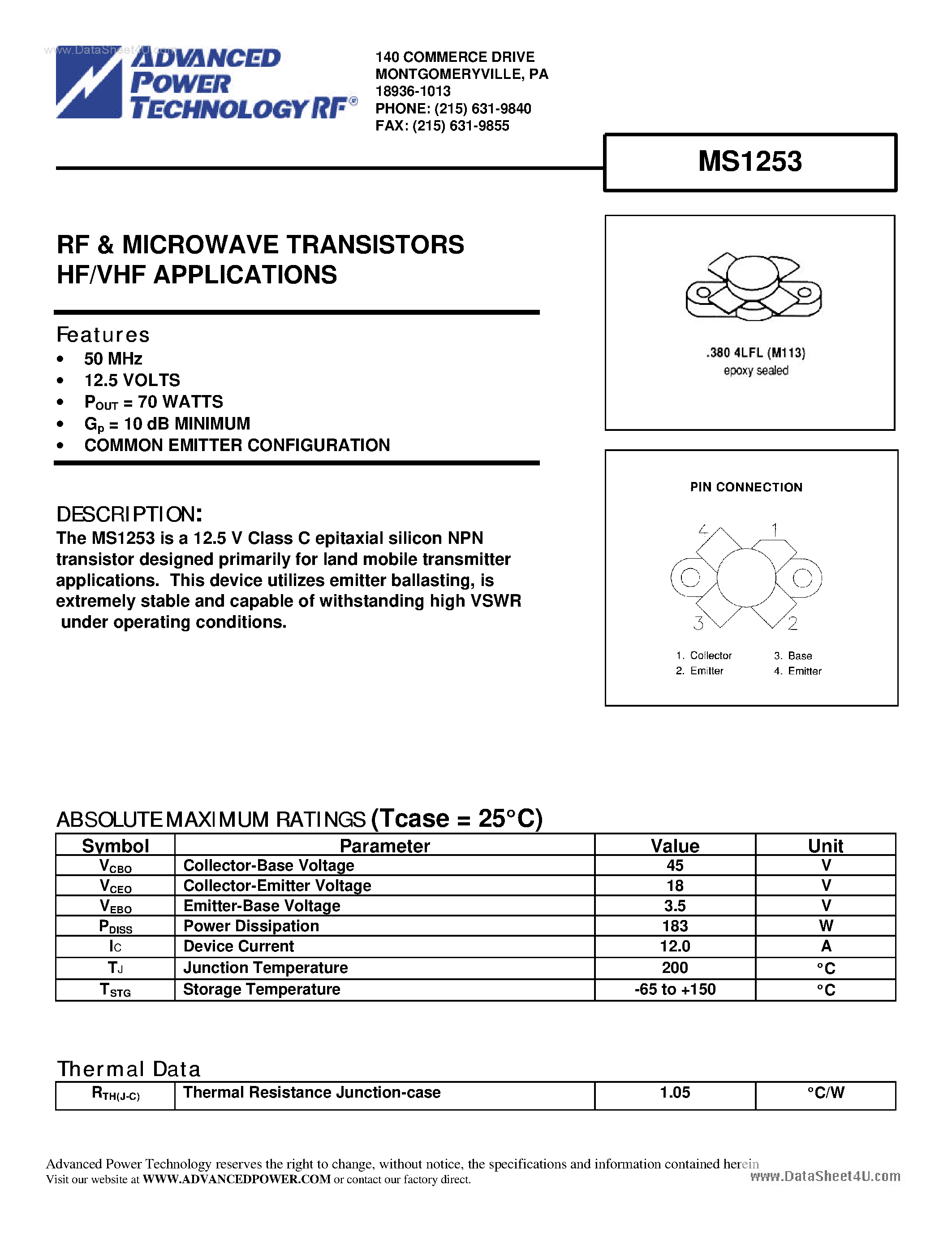 Datasheet MS1253 - RF & MICROWAVE TRANSISTORS HF/VHF APPLICATIONS page 1