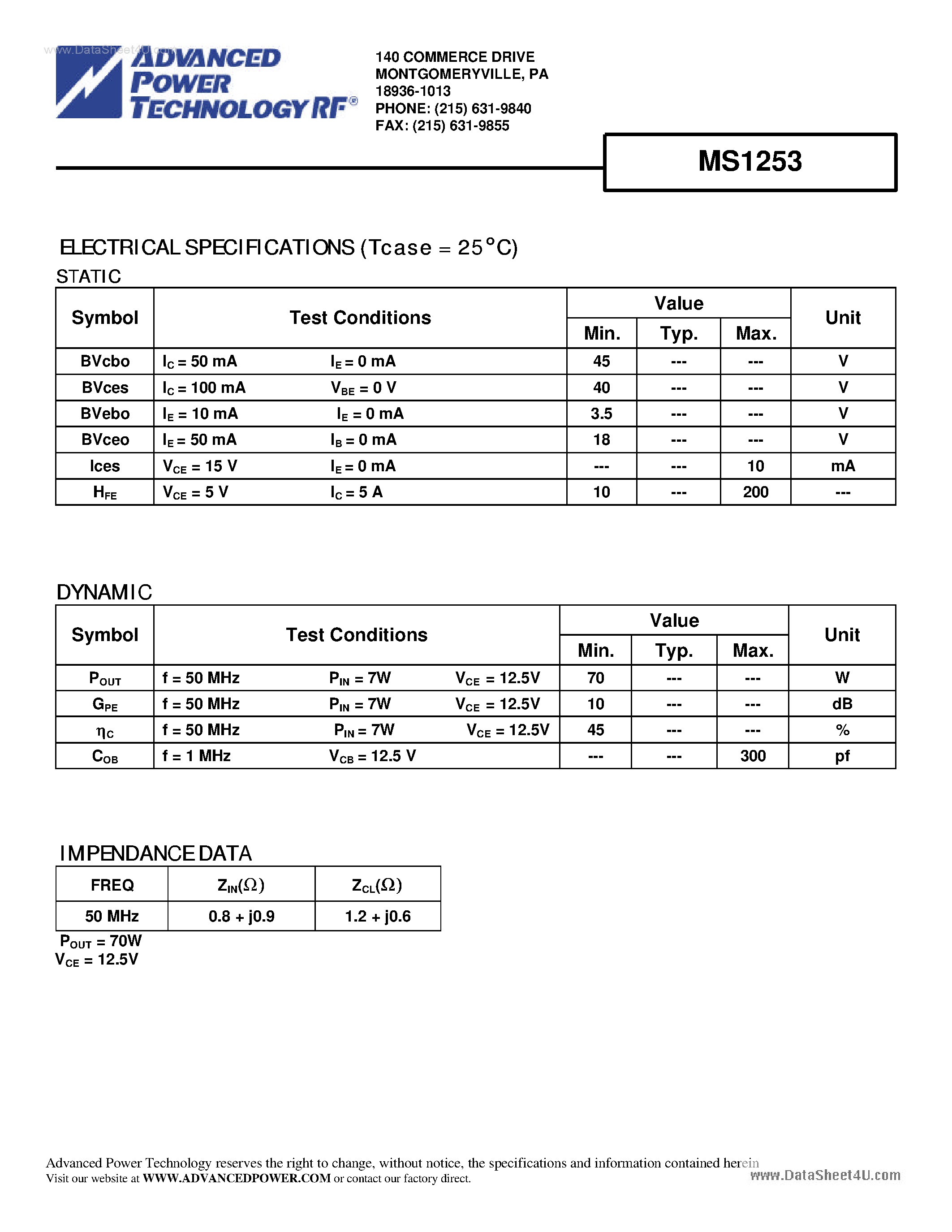 Datasheet MS1253 - RF & MICROWAVE TRANSISTORS HF/VHF APPLICATIONS page 2