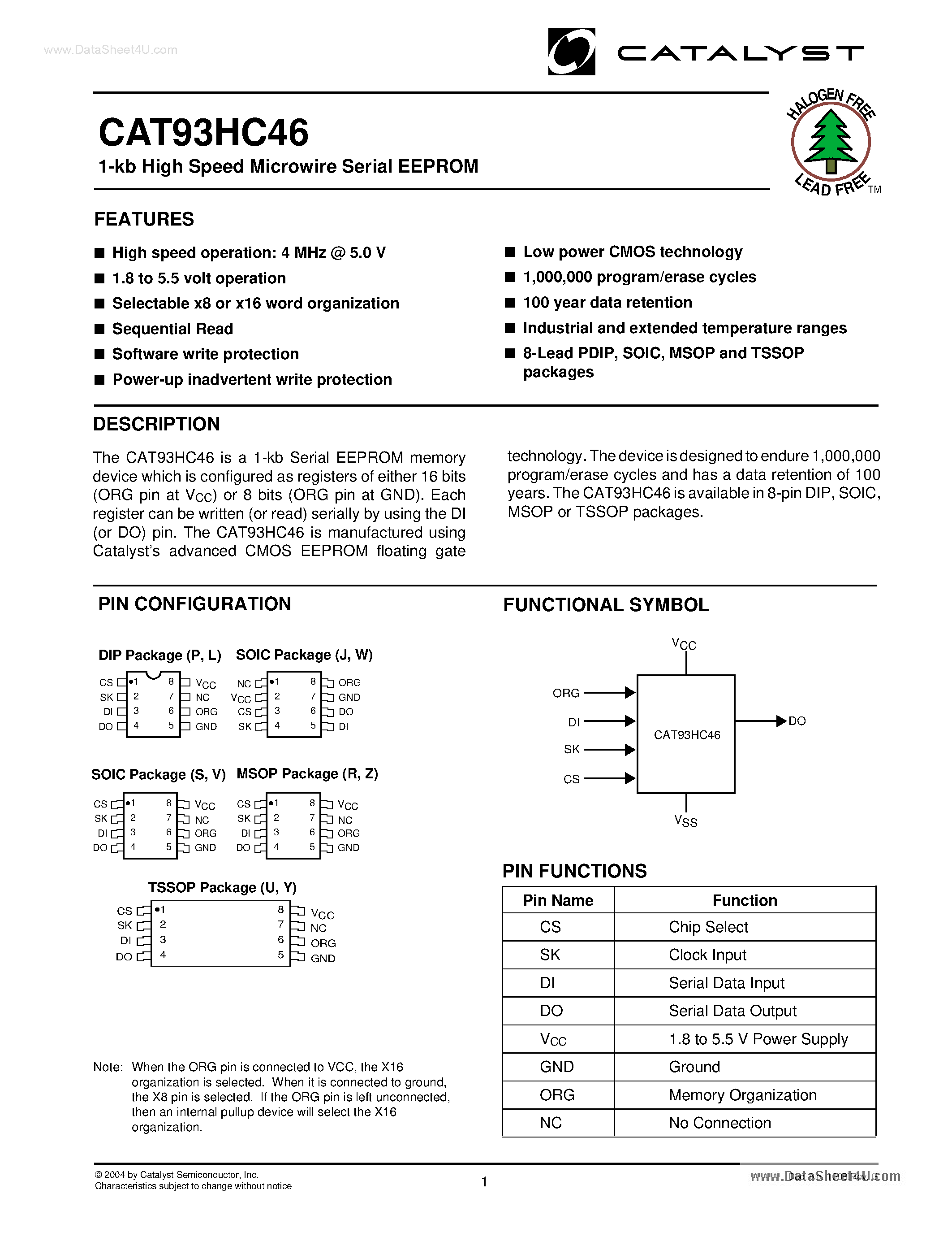 Даташит на микросхему CAT93HC46 страница 1 Даташит CAT93HC46 - 1-kb High Speed Microwire Serial EEPROM страница 1