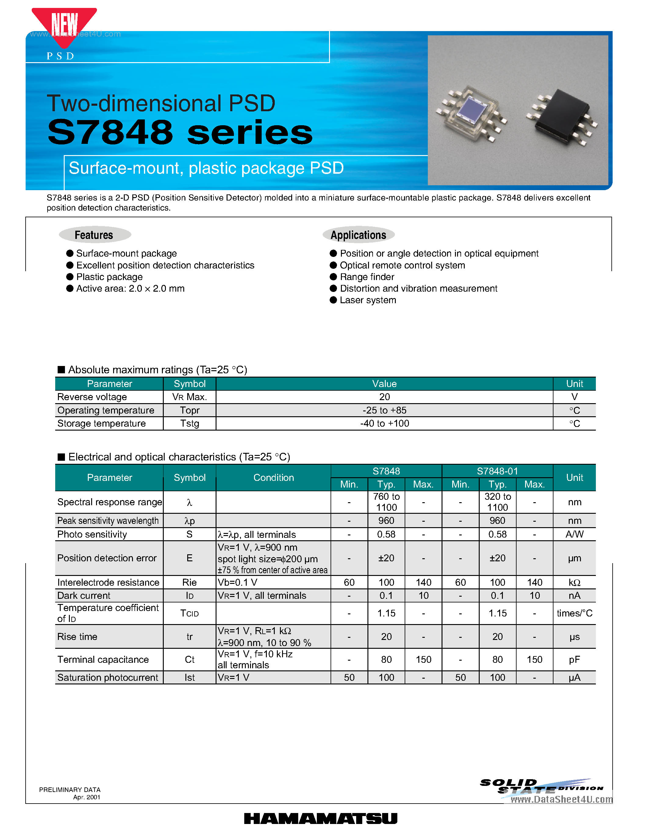 Datasheet S7848 page 1 Datasheet S7848 - 2-Dimensional PSD page 1