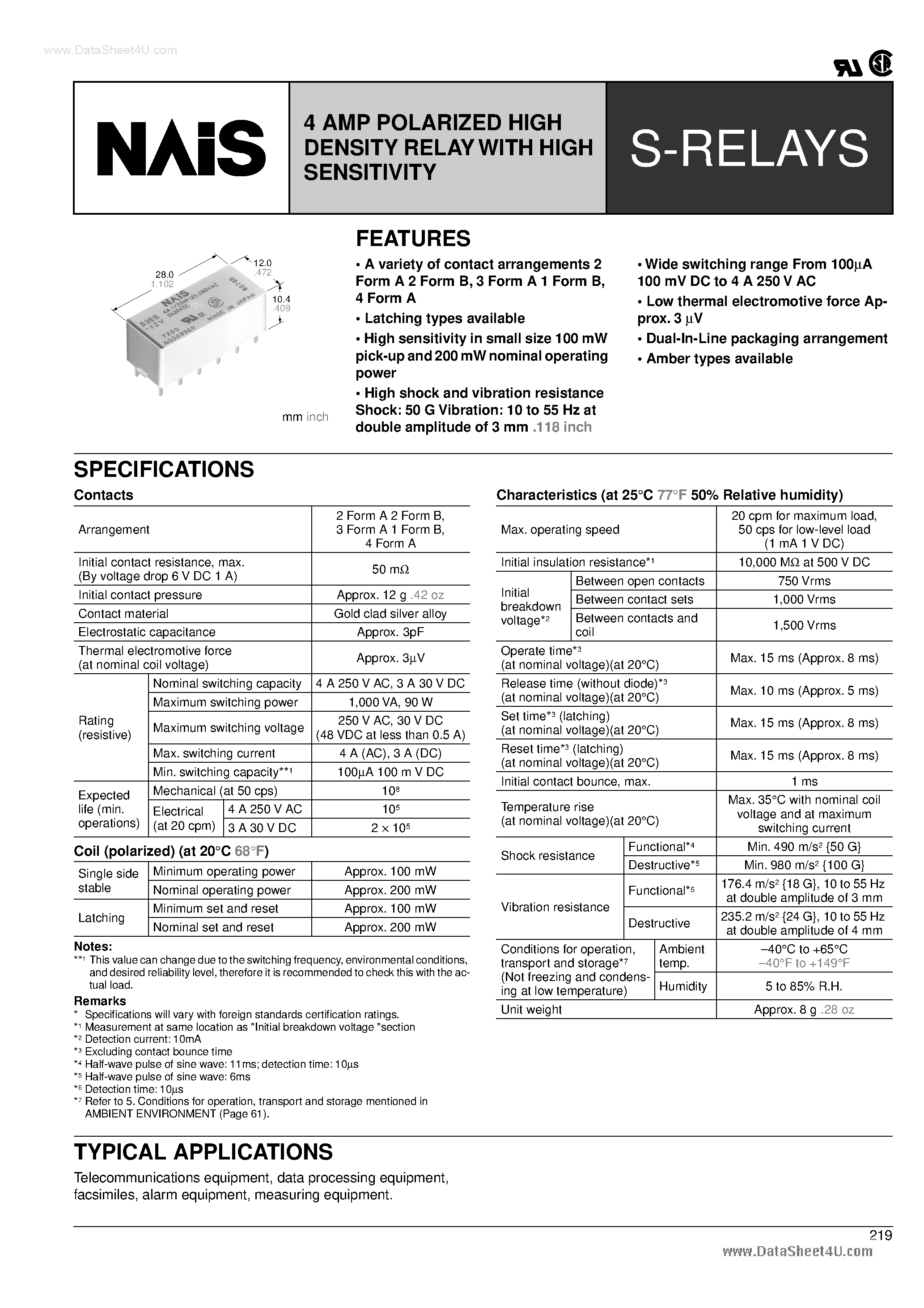 Datasheet S4EB-12V - 4 AMP POLARIZED HIGH DENSITY RELAY WITH HIGH SENSITIVITY page 1