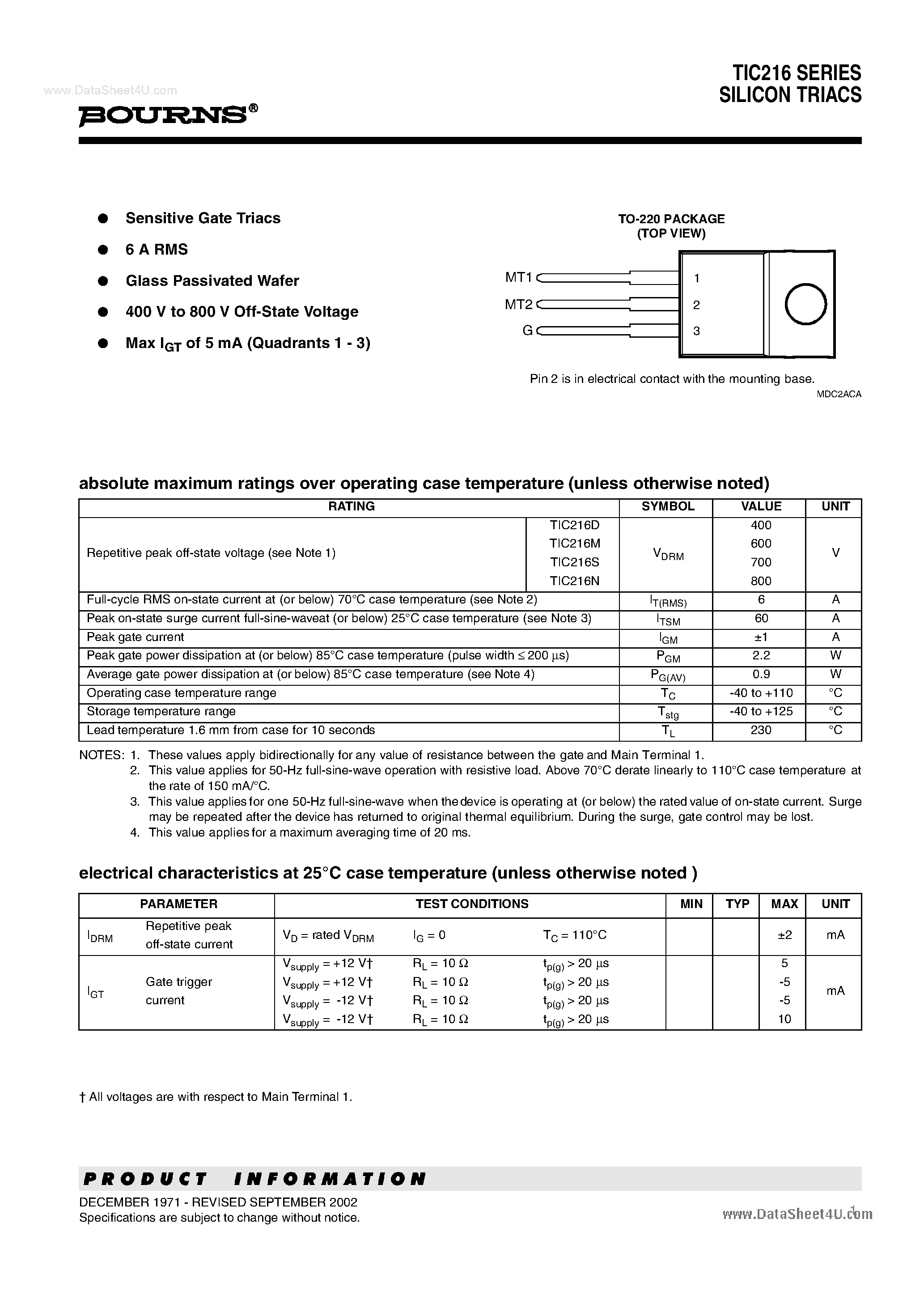 Datasheet TIC216D - SILICON TRIACS page 1