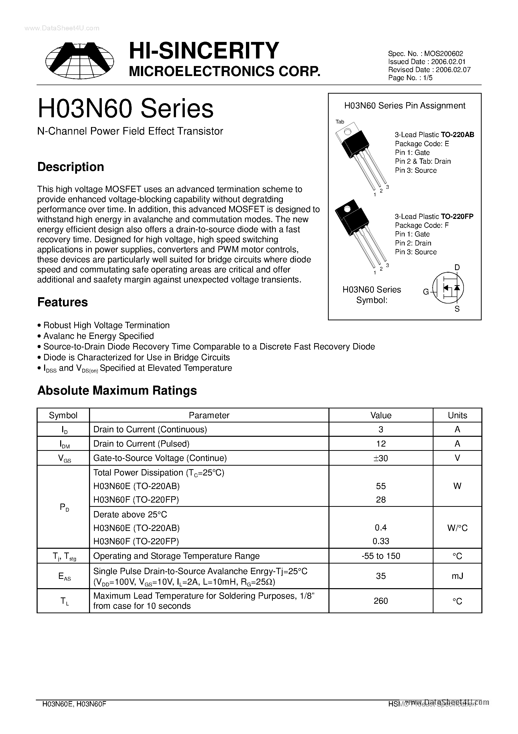 Datasheet H03N60 page 1 Datasheet H03N60 - N-Channel Power Field Effect Transistor page 1