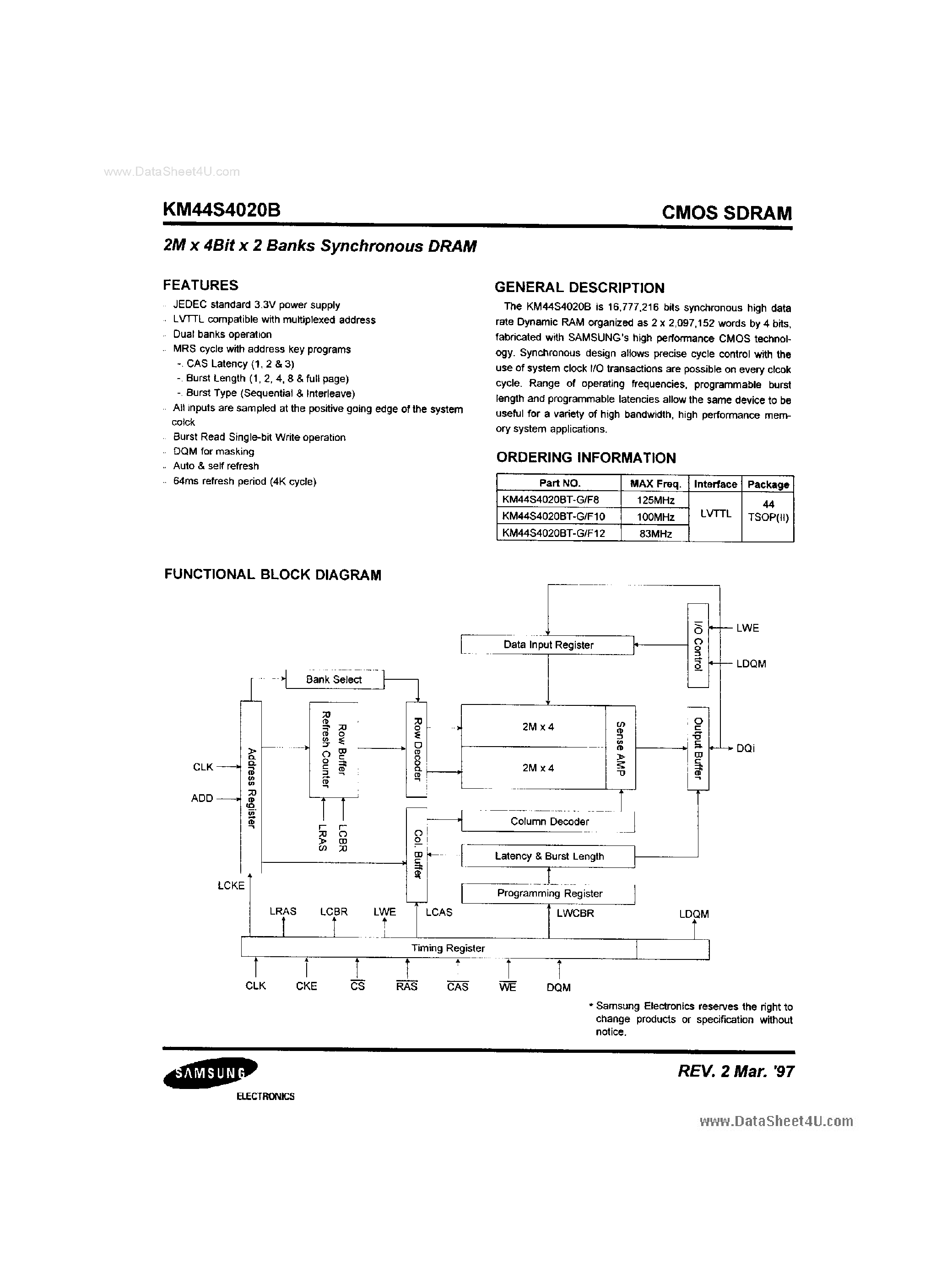 Datasheet KM44S4020B - 2M X 4-Bit X 2-Bank SDRAM page 1
