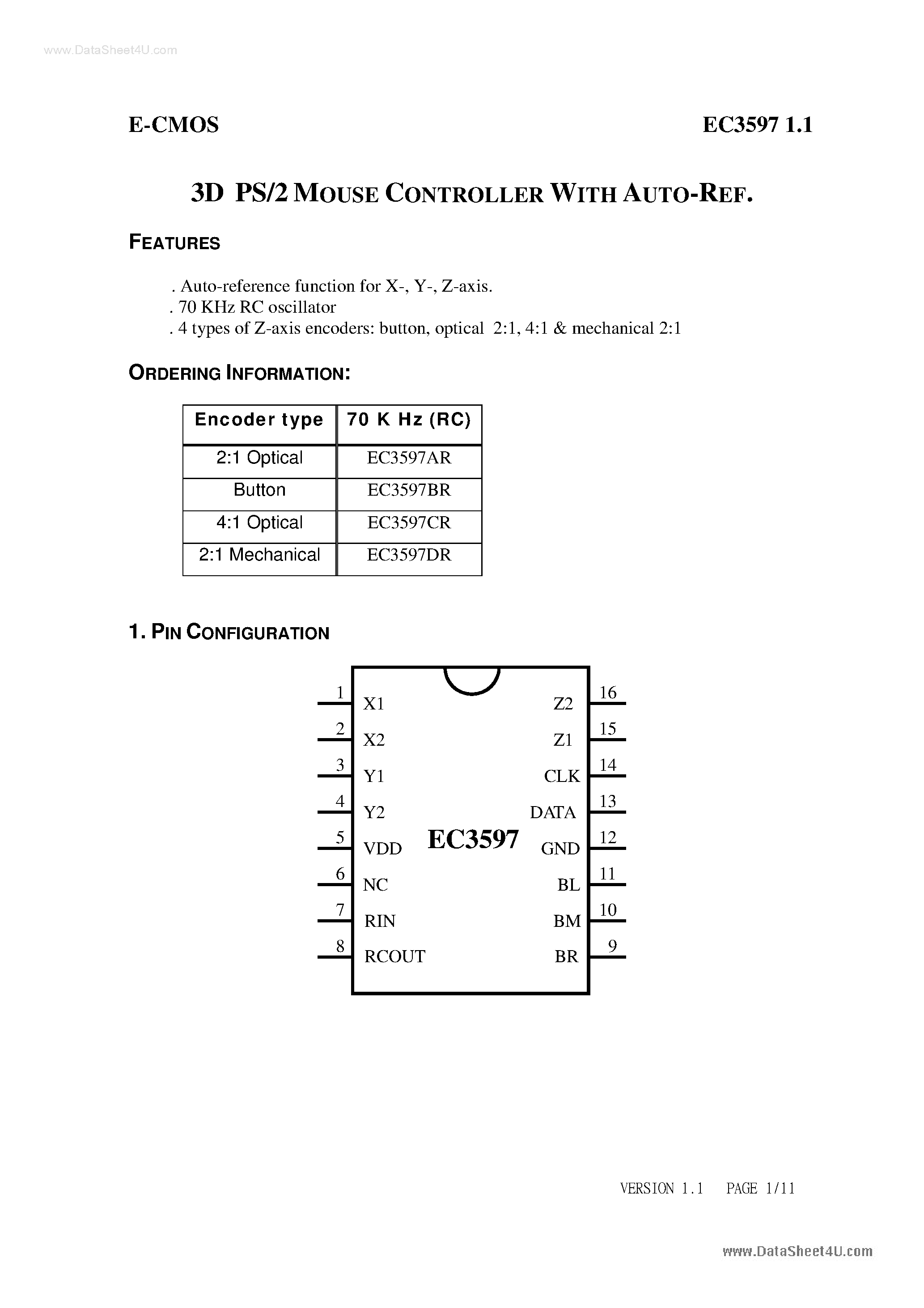 Даташит на микросхему EC3597 страница 1 Даташит EC3597 - 3D PS/2 Mouse Controller страница 1