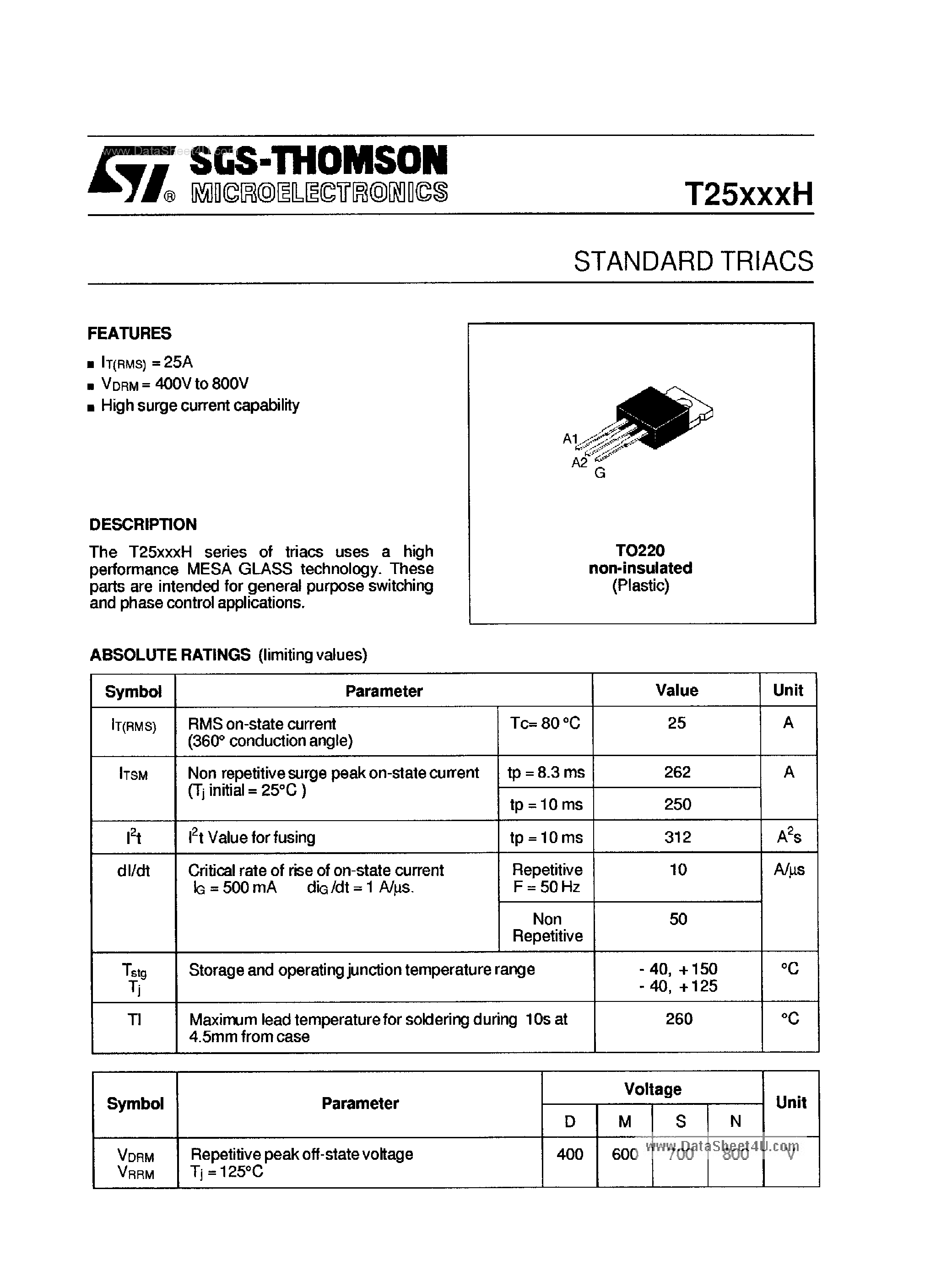 Datasheet T2513M - STANDARD TRIACS page 1