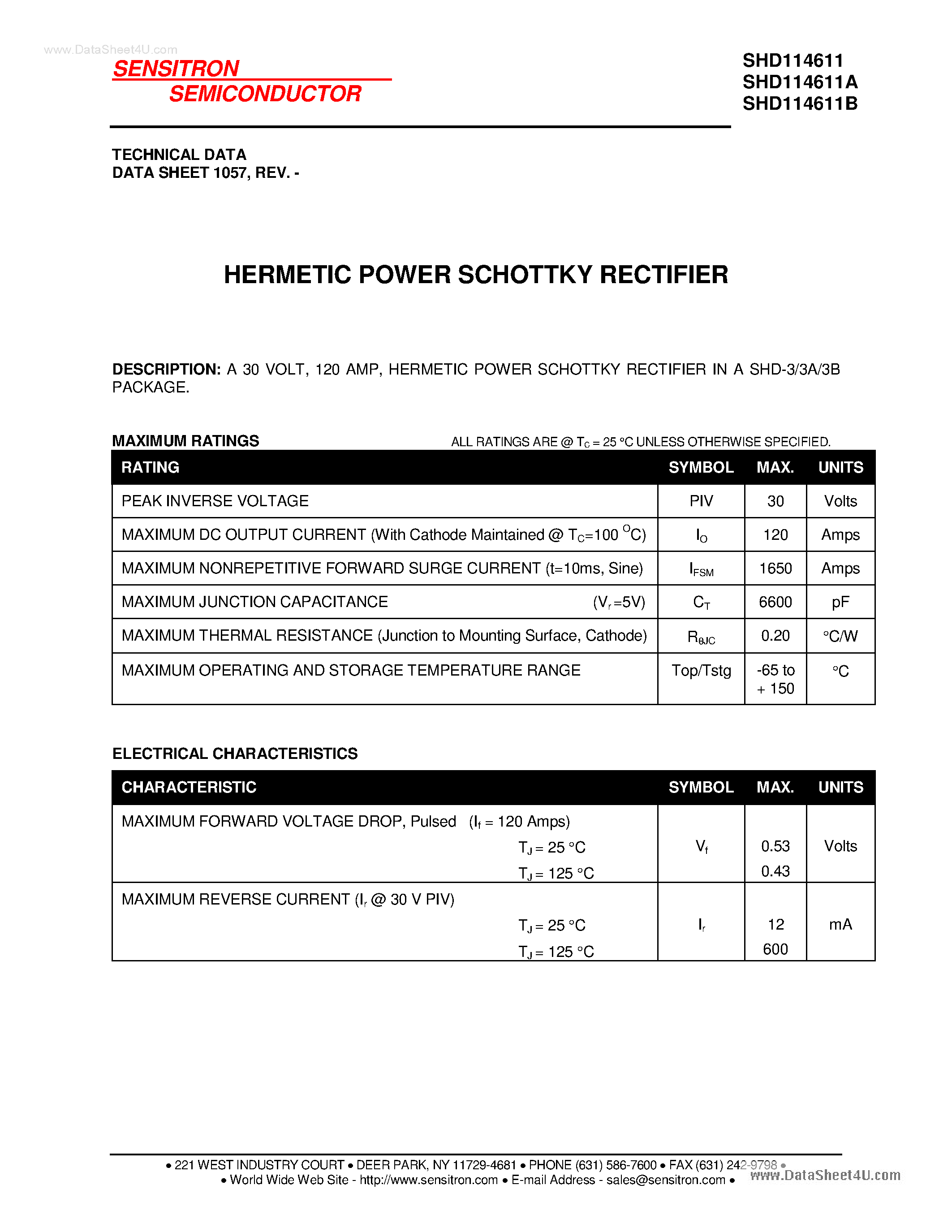 Datasheet SHD114611 page 1 Datasheet SHD114611 - HERMETIC POWER SCHOTTKY RECTIFIER page 1