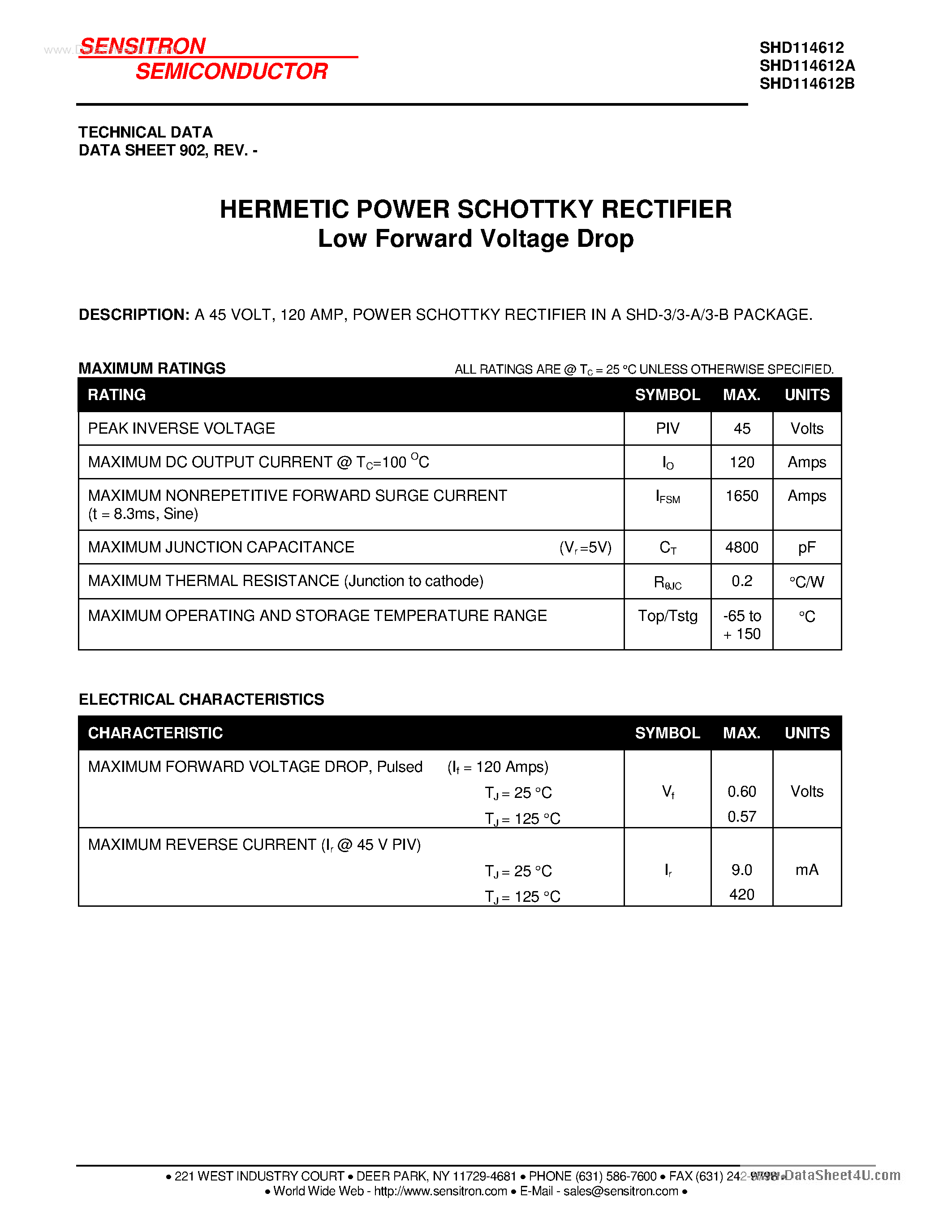 Datasheet SHD114612 page 1 Datasheet SHD114612 - HERMETIC POWER SCHOTTKY RECTIFIER page 1