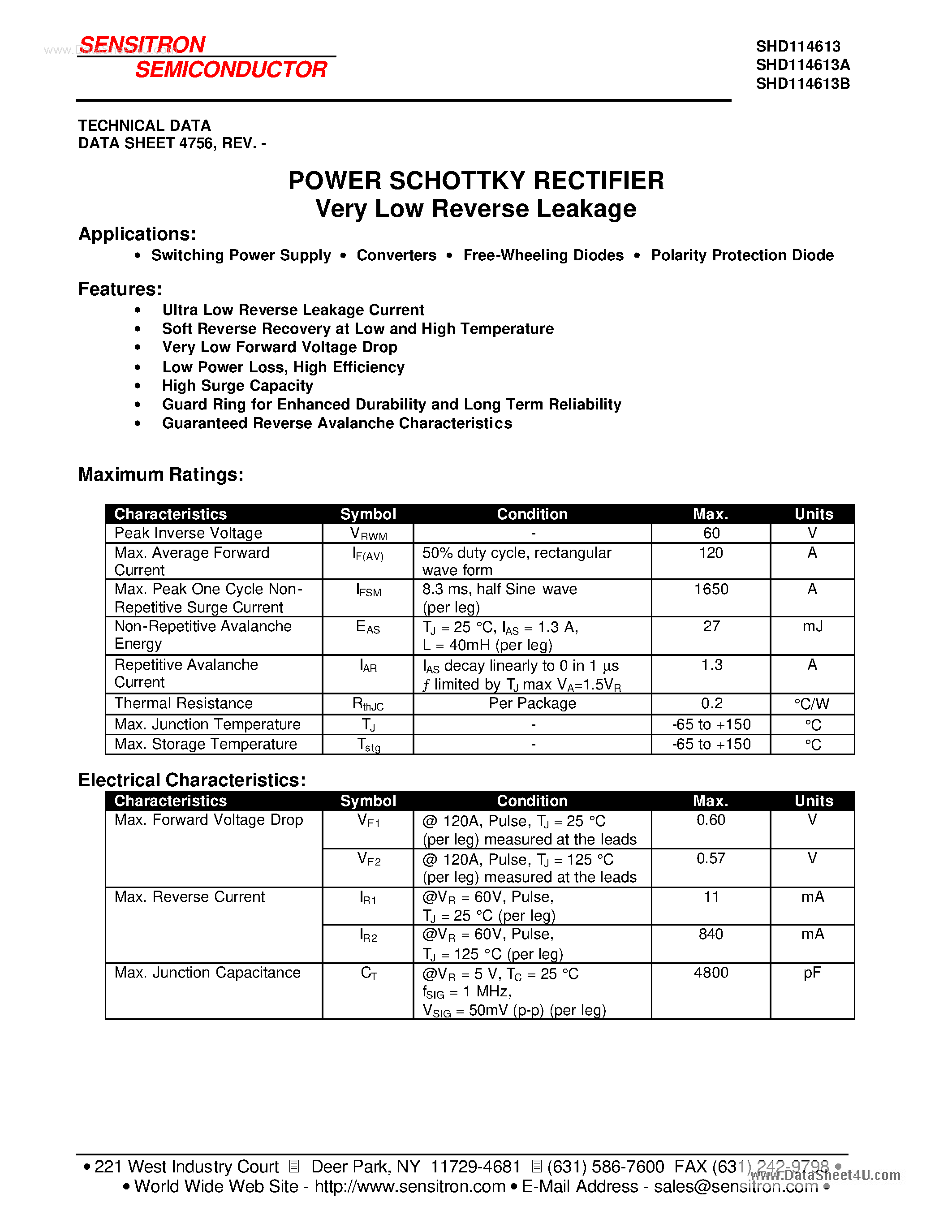 Datasheet SHD114613 page 1 Datasheet SHD114613 - HERMETIC POWER SCHOTTKY RECTIFIER page 1