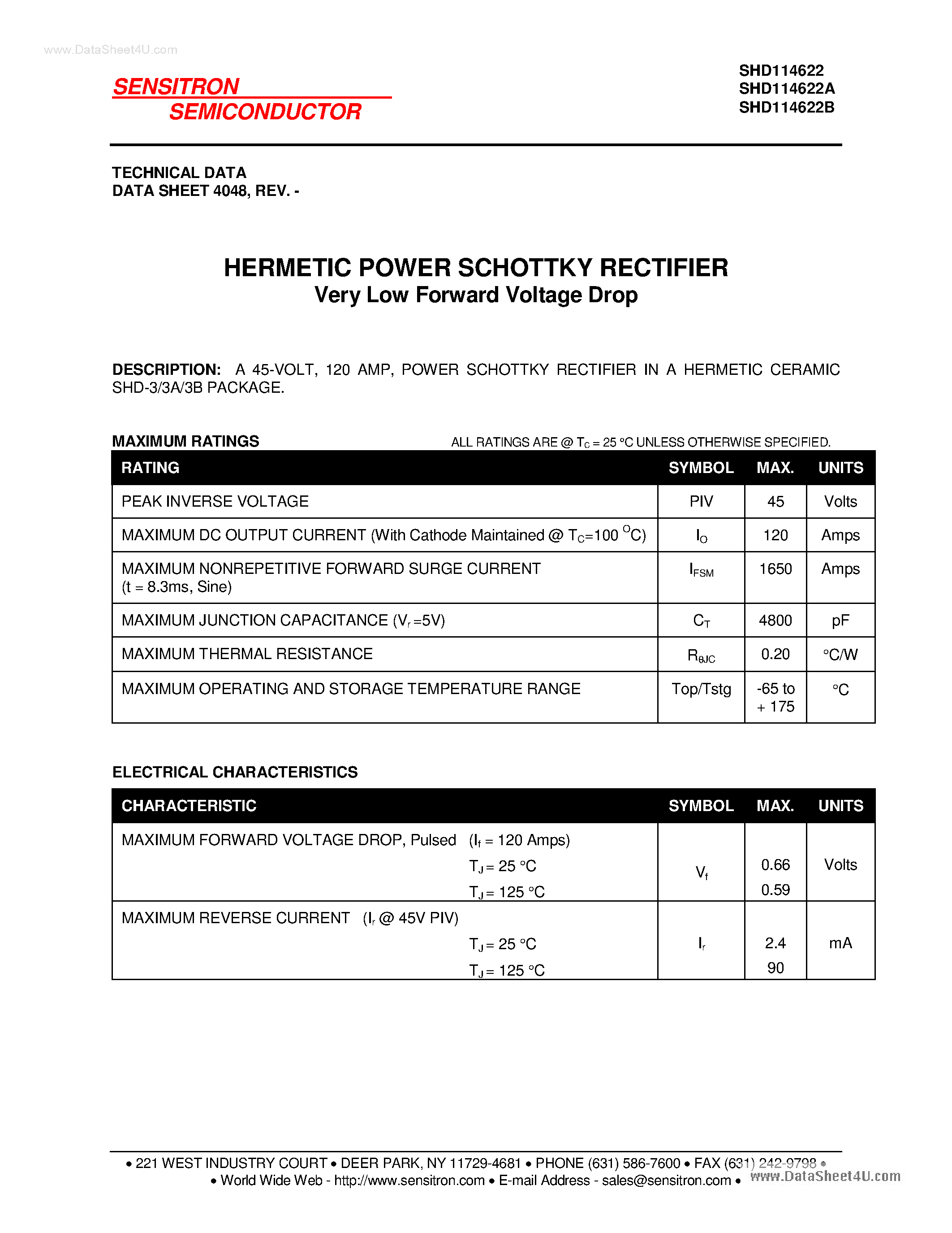 Datasheet SHD114622 page 1 Datasheet SHD114622 - HERMETIC POWER SCHOTTKY RECTIFIER page 1