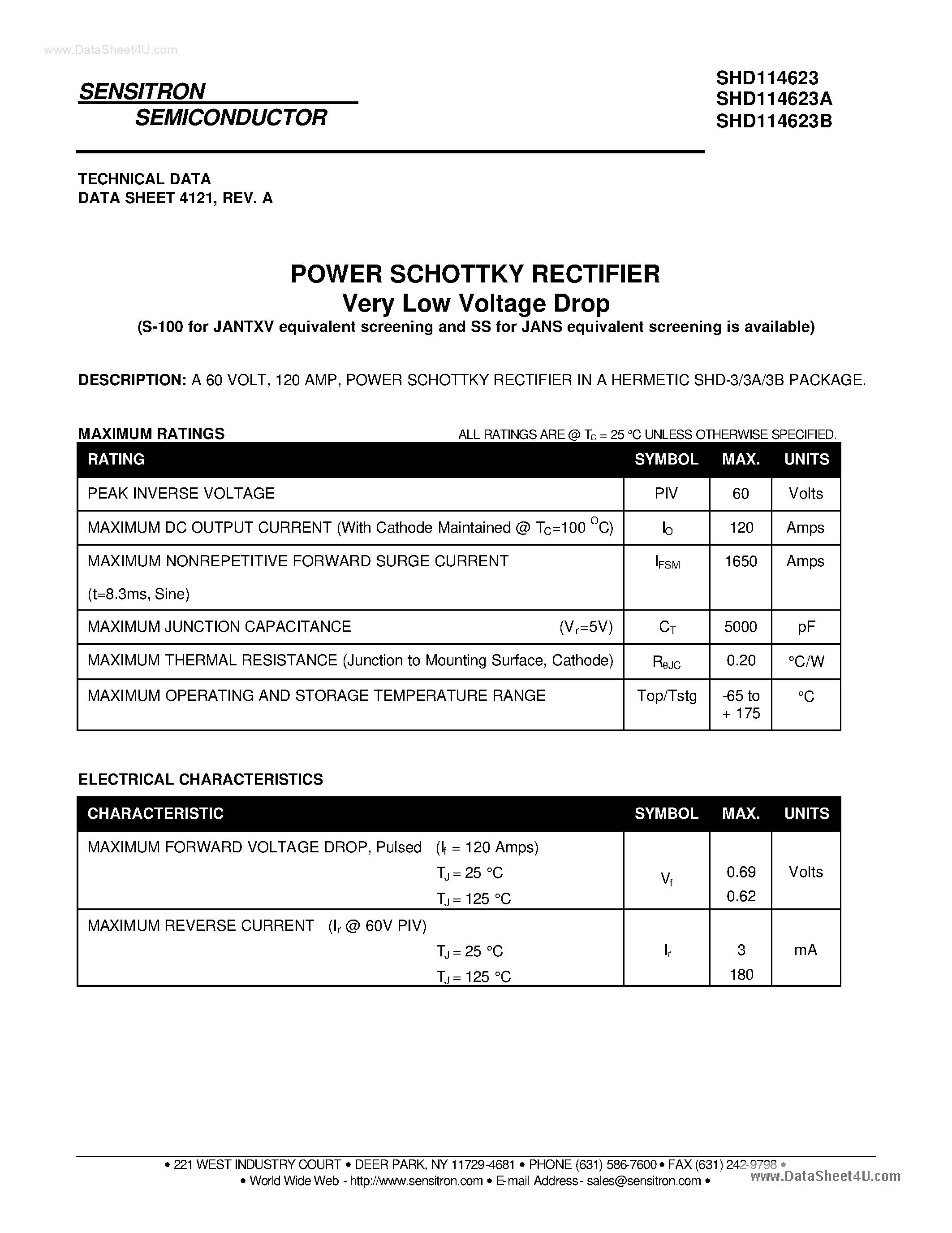 Datasheet SHD114623 page 1 Datasheet SHD114623 - HERMETIC POWER SCHOTTKY RECTIFIER page 1