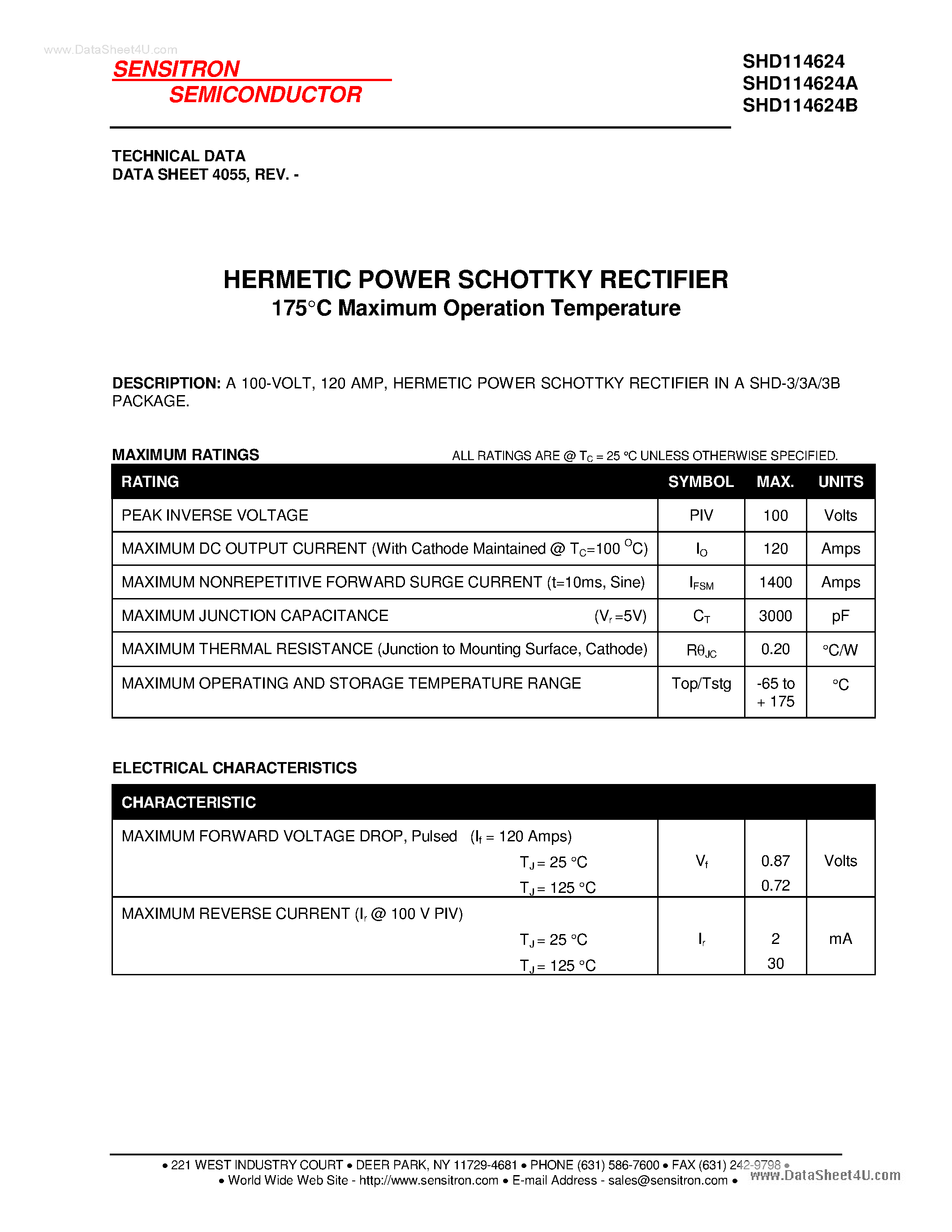 Datasheet SHD114624 page 1 Datasheet SHD114624 - HERMETIC POWER SCHOTTKY RECTIFIER page 1