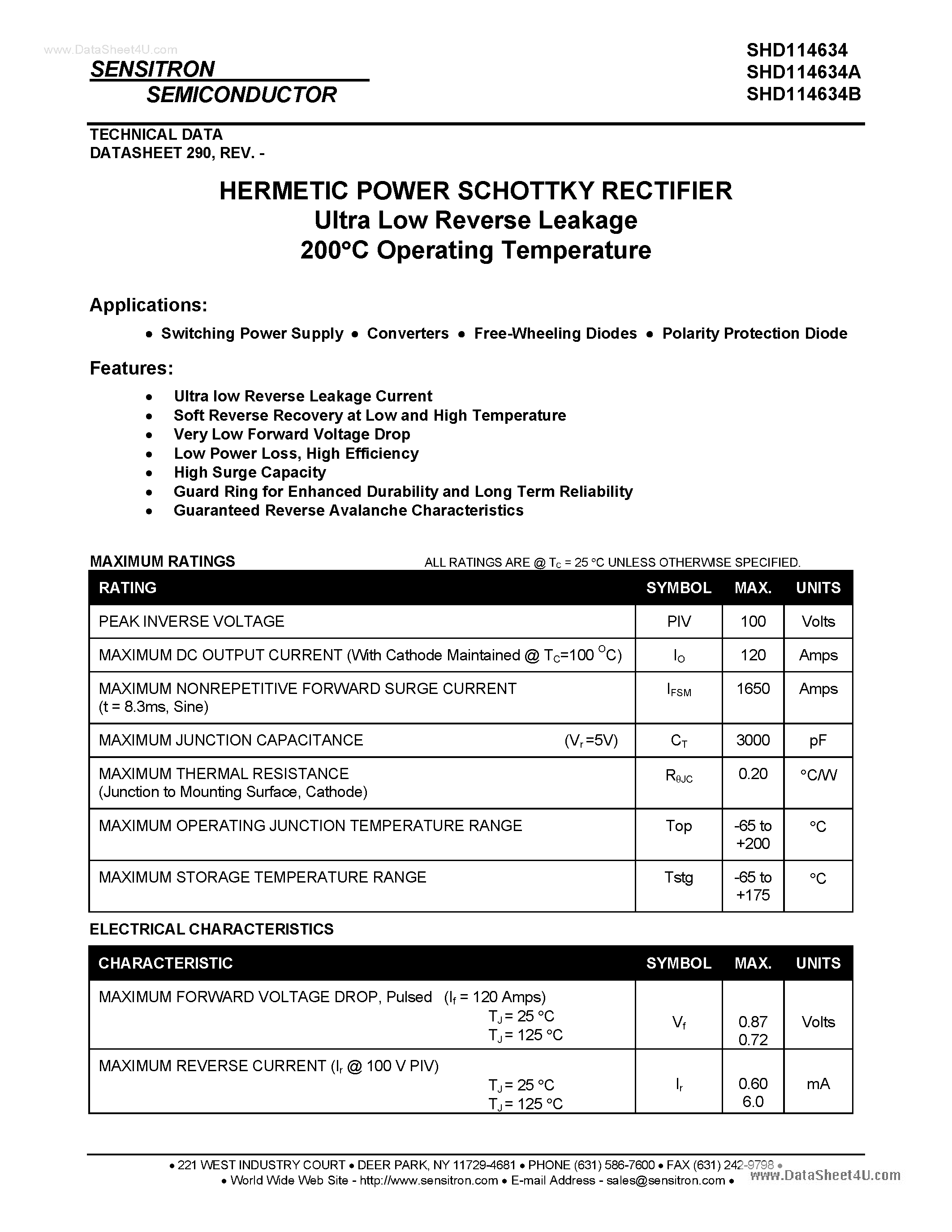 Datasheet SHD114634 page 1 Datasheet SHD114634 - HERMETIC POWER SCHOTTKY RECTIFIER page 1