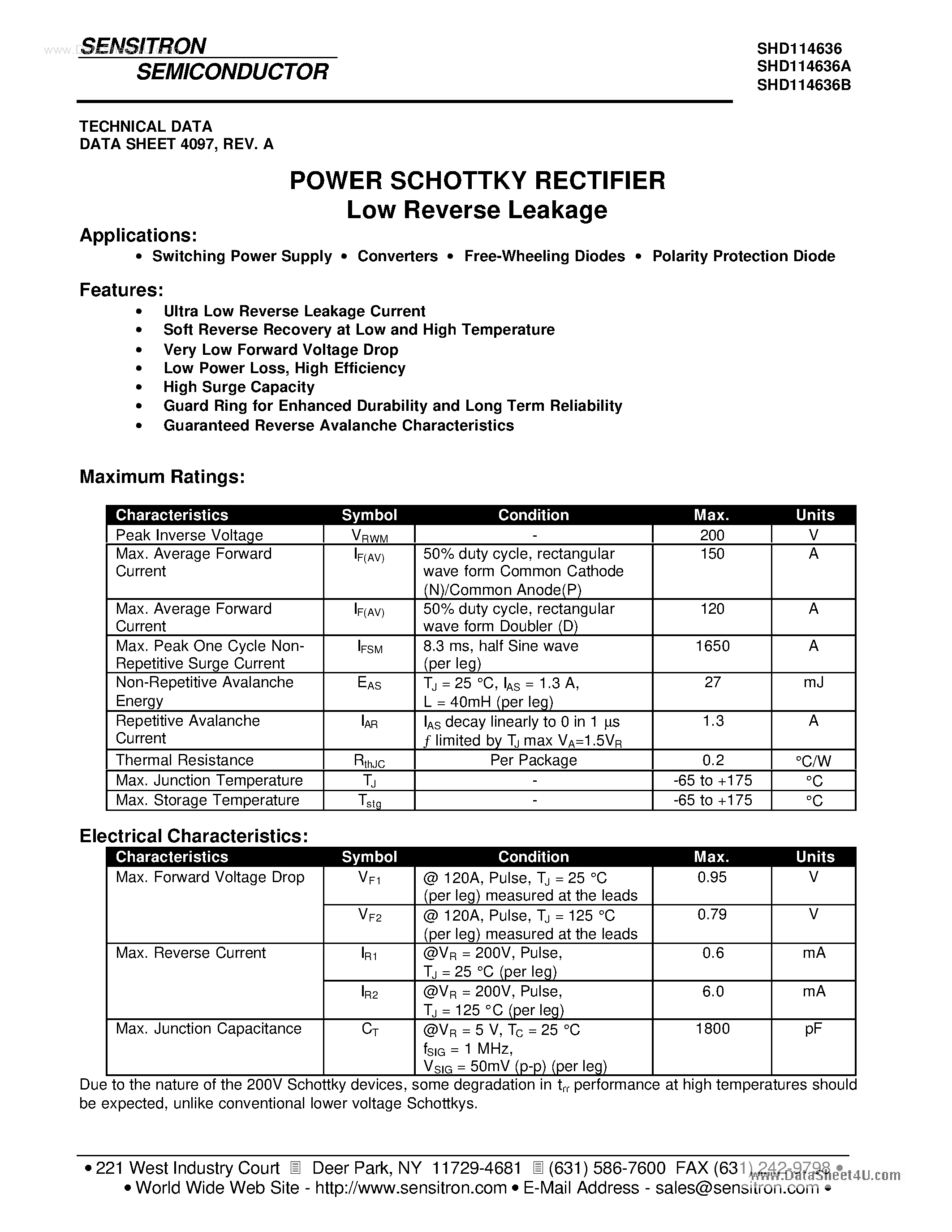 Datasheet SHD114636 page 1 Datasheet SHD114636 - HERMETIC POWER SCHOTTKY RECTIFIER page 1