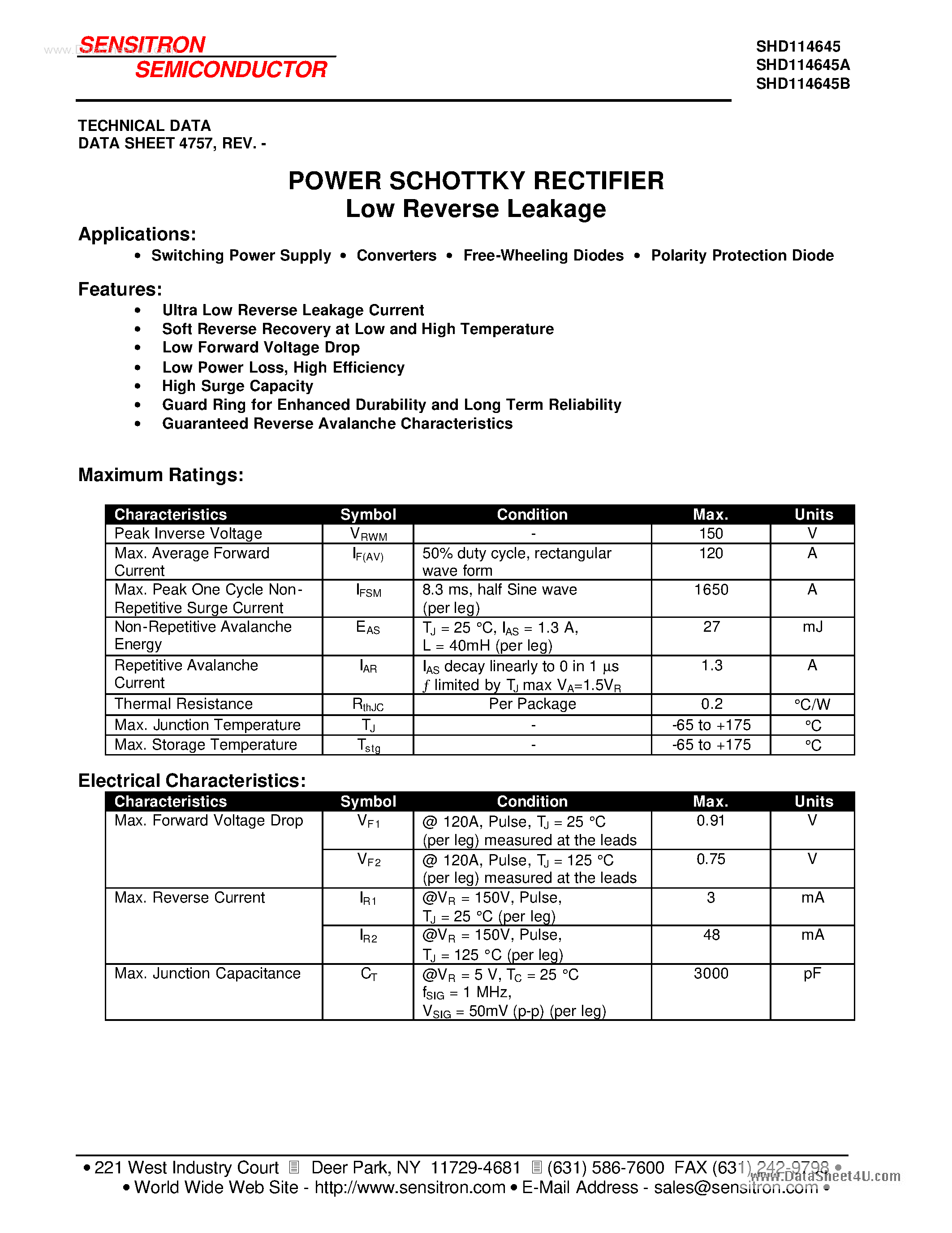 Datasheet SHD114645 page 1 Datasheet SHD114645 - HERMETIC POWER SCHOTTKY RECTIFIER page 1