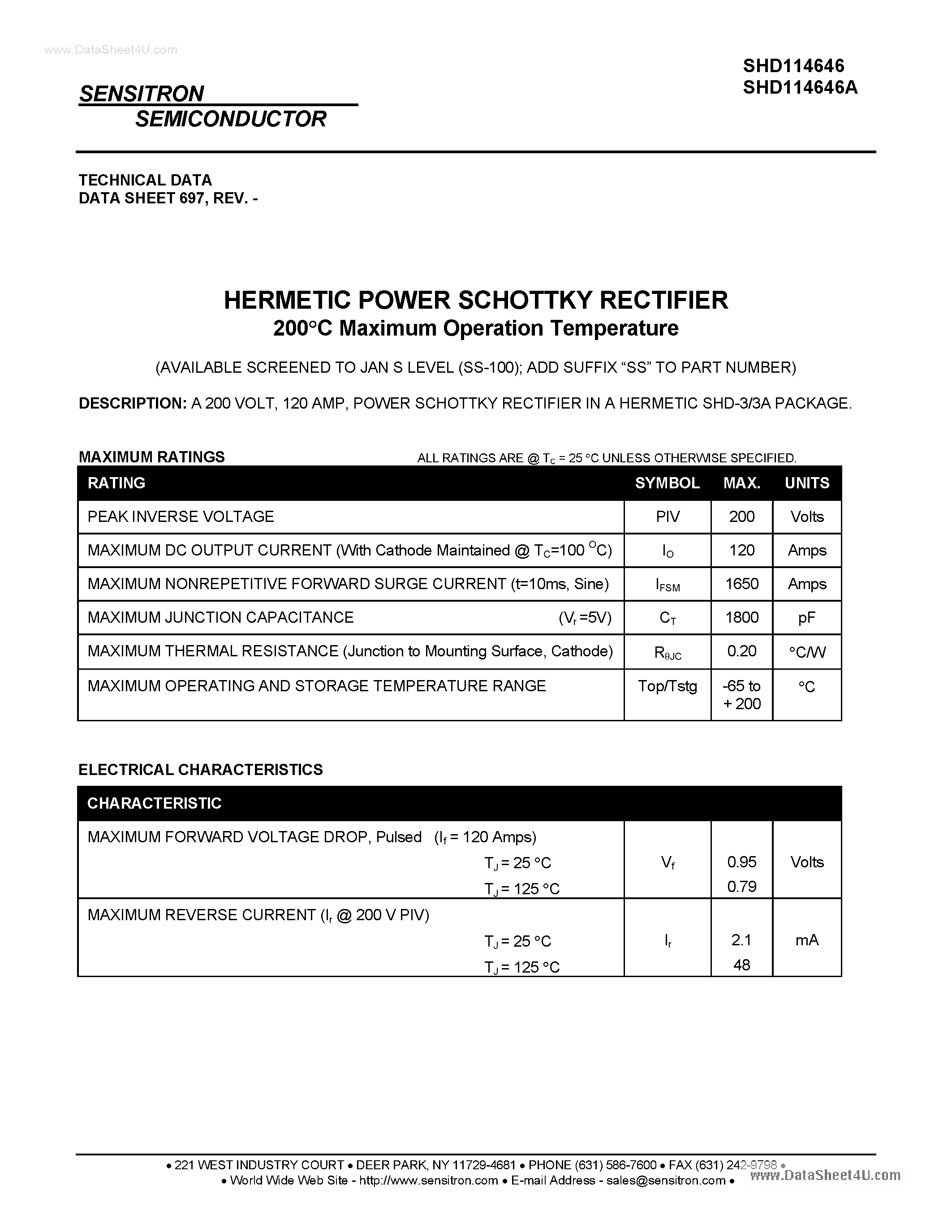 Datasheet SHD114646 page 1 Datasheet SHD114646 - HERMETIC POWER SCHOTTKY RECTIFIER page 1