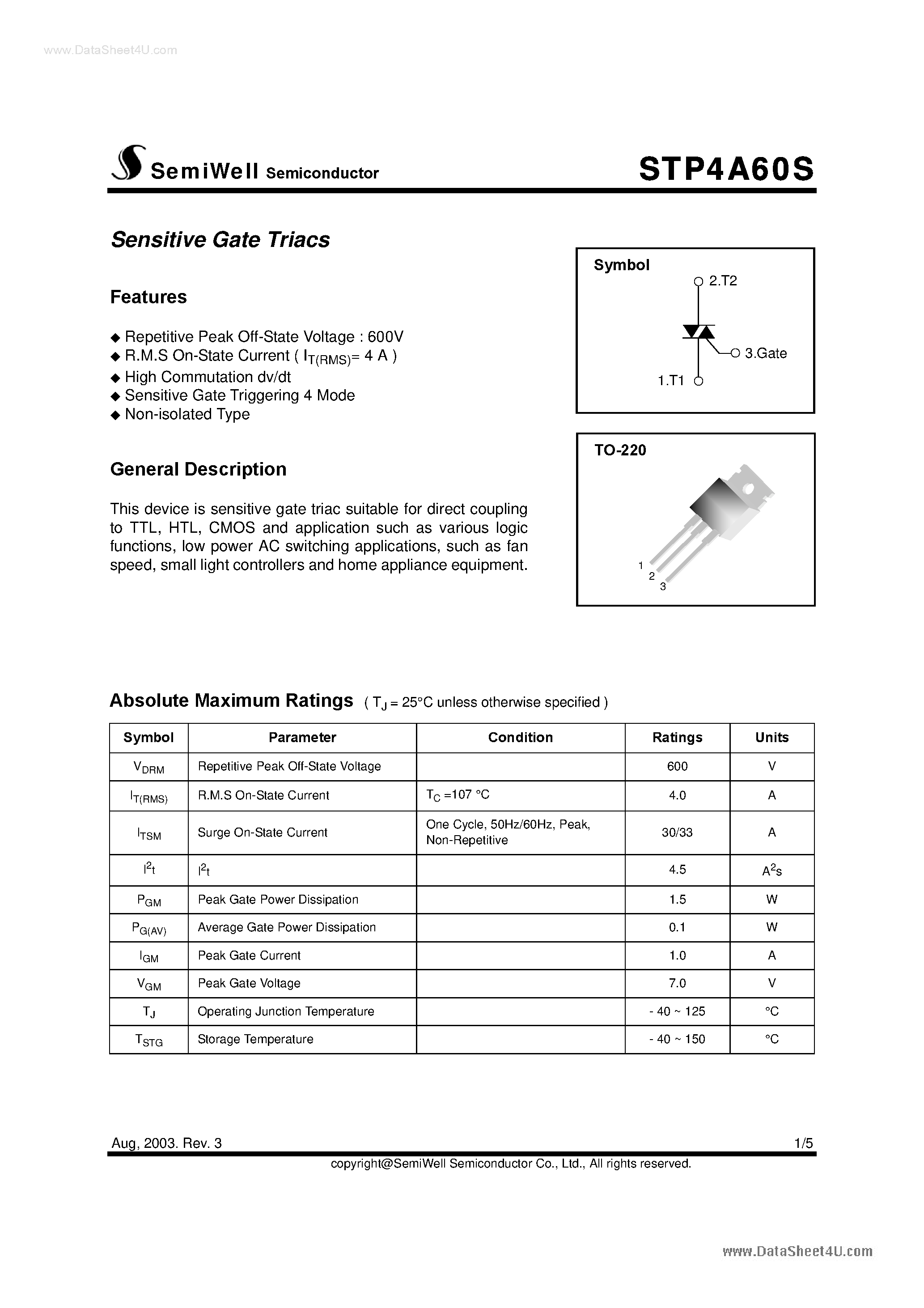 Datasheet STP4A60S page 1 Datasheet STP4A60S - Sensitive Gate Triacs page 1