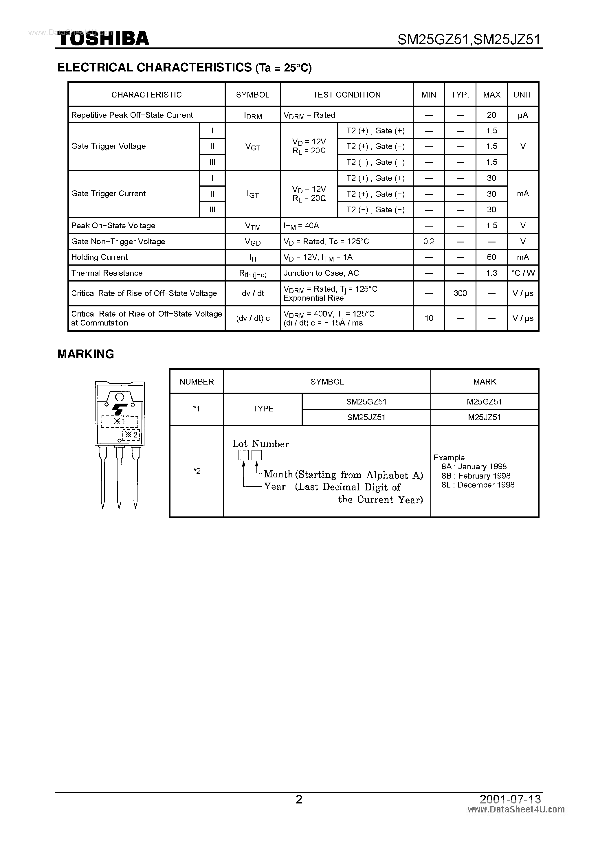 Datasheet SM25GZ51 page 2 Datasheet SM25GZ51 - BI-DIRECTIONAL TRIODE THYRISTOR ILICON PLANAR TYPE page 2