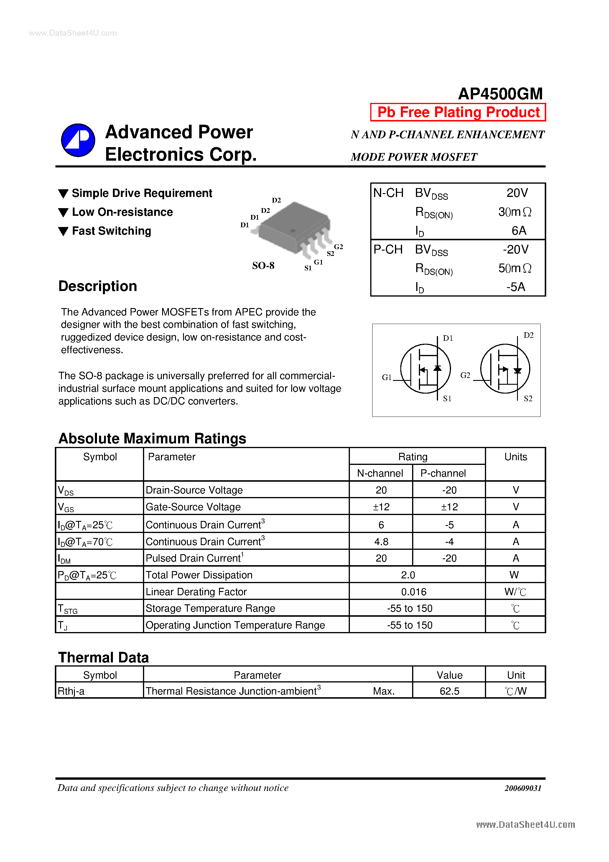 Даташит AP4500GM - N AND P-CHANNEL ENHANCEMENT MODE POWER MOSFET страница 1