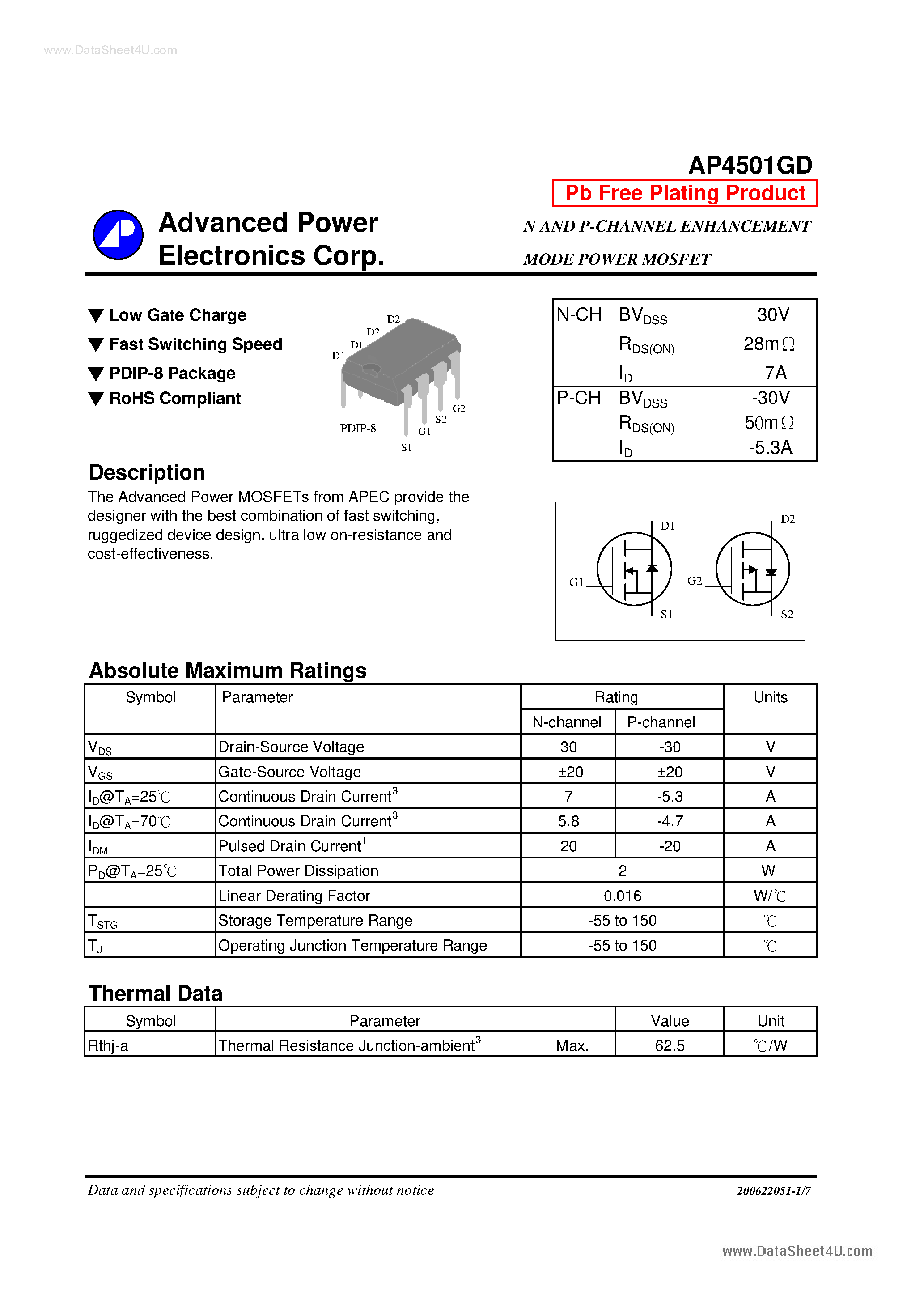 Datasheet AP4501GD - N AND P-CHANNEL ENHANCEMENT MODE POWER MOSFET page 1