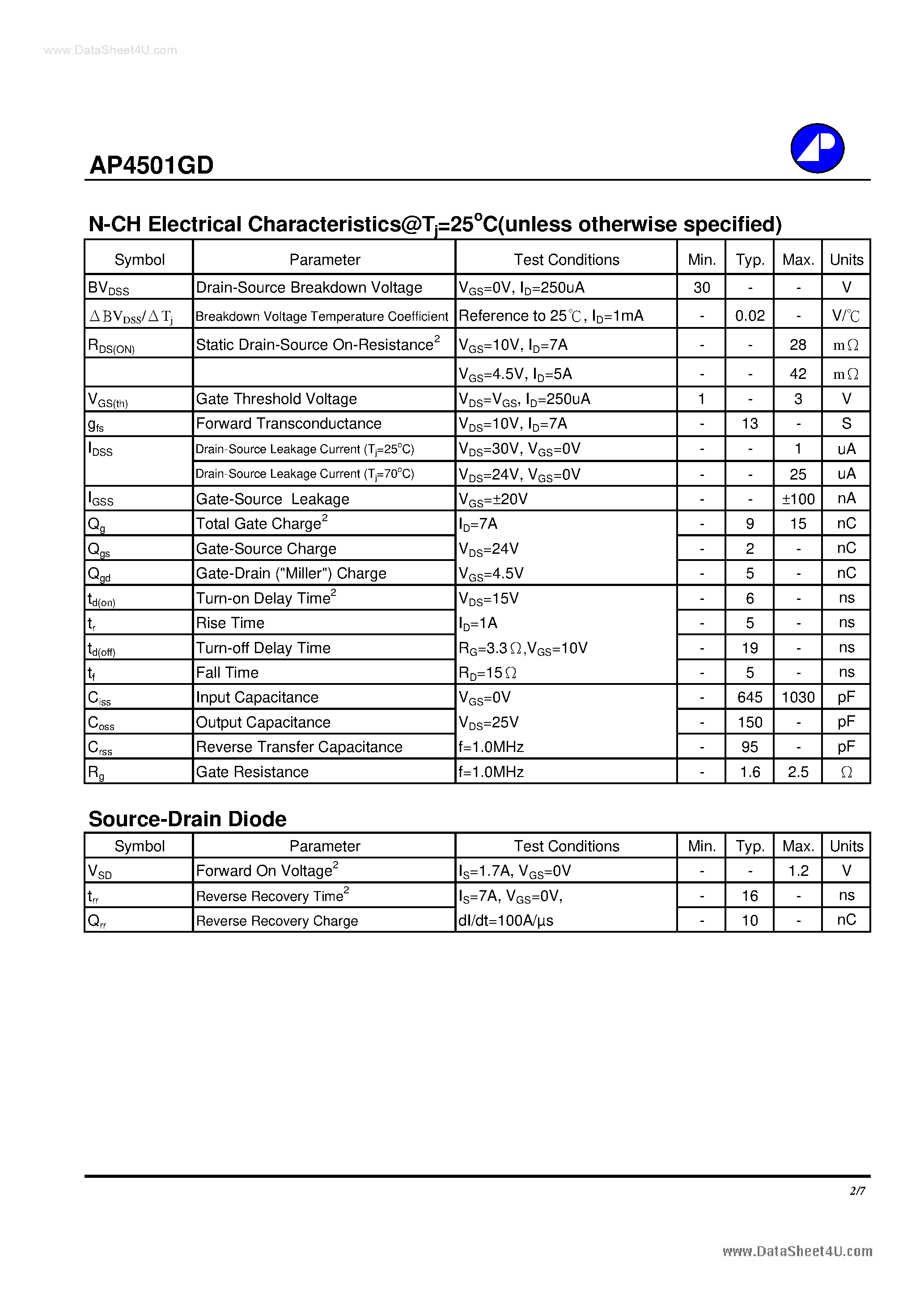 Datasheet AP4501GD - N AND P-CHANNEL ENHANCEMENT MODE POWER MOSFET page 2