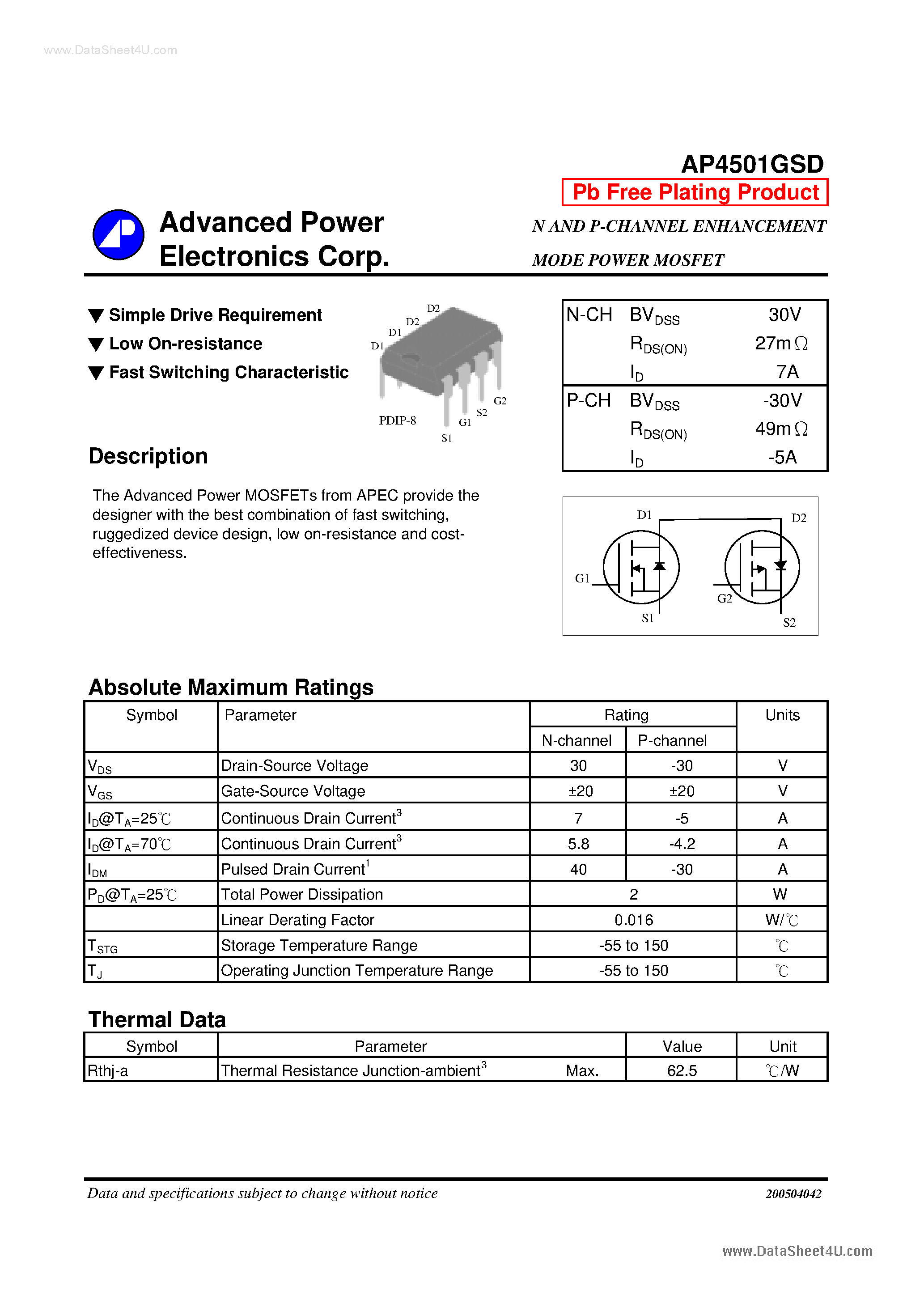 Даташит AP4501GSD - N AND P-CHANNEL ENHANCEMENT MODE POWER MOSFET страница 1