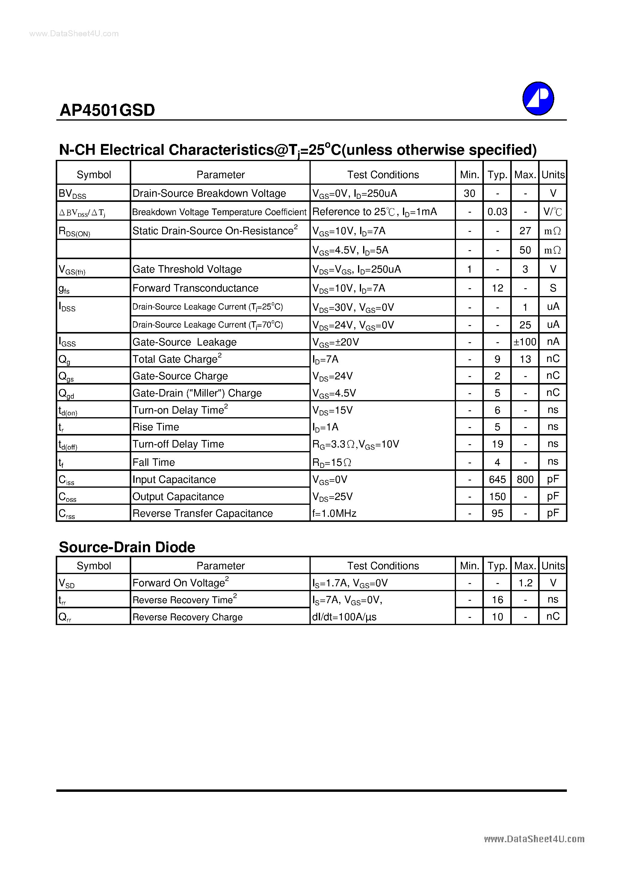 Даташит AP4501GSD - N AND P-CHANNEL ENHANCEMENT MODE POWER MOSFET страница 2