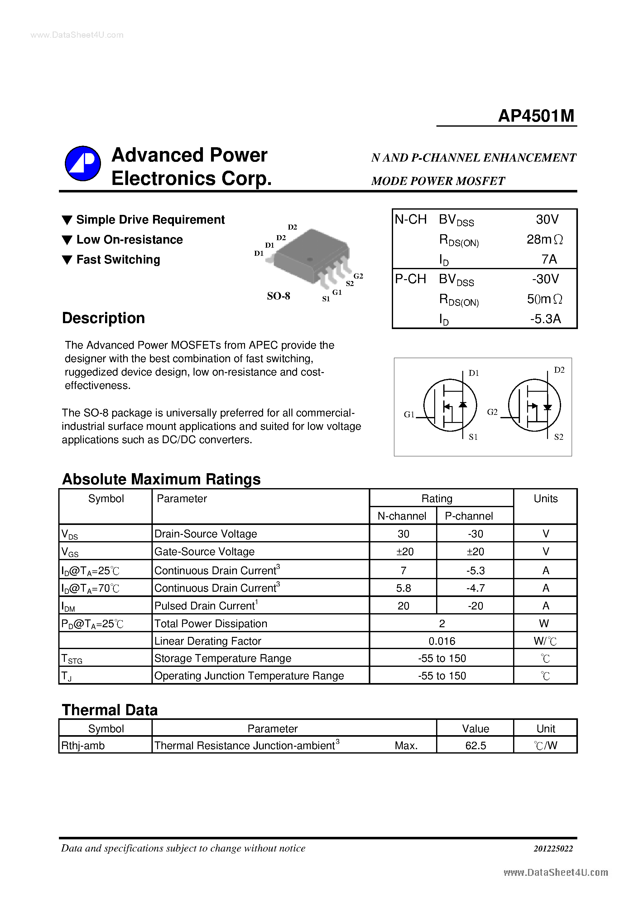 Datasheet AP4501M - N AND P-CHANNEL ENHANCEMENT page 1