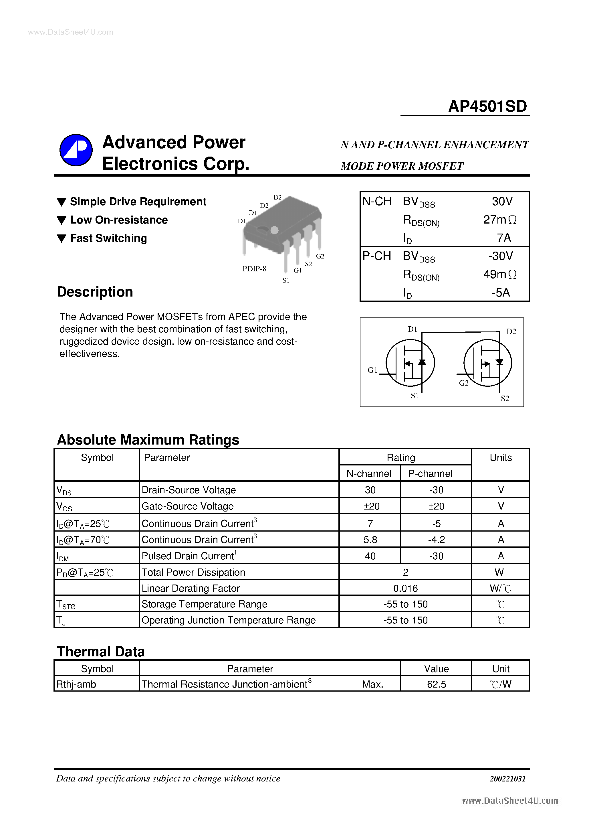 Datasheet AP4501SD page 1 Datasheet AP4501SD - N AND P-CHANNEL ENHANCEMENT MODE POWER MOSFET page 1