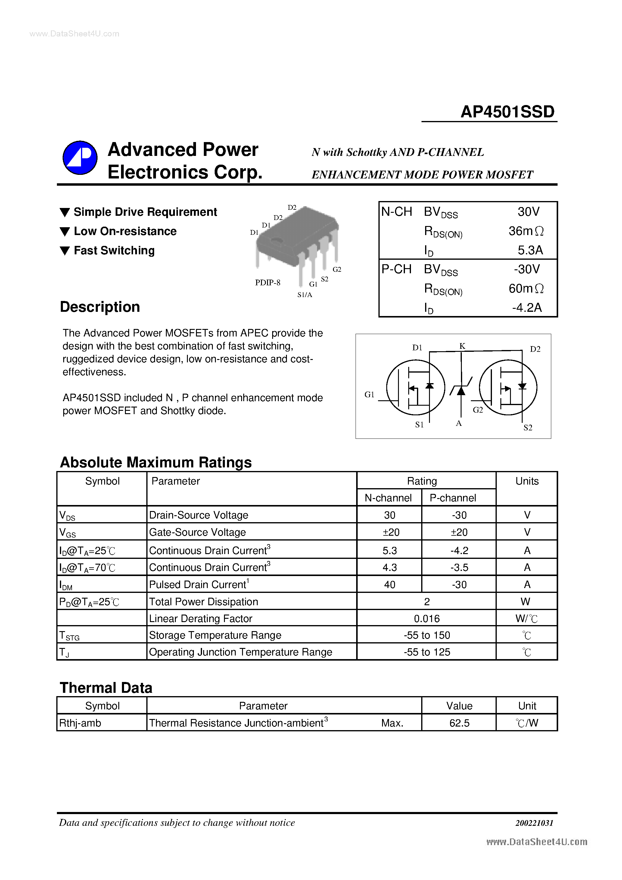 Datasheet AP4501SSD - N with Schottky AND P-CHANNEL ENHANCEMENT MODE POWER MOSFET page 1