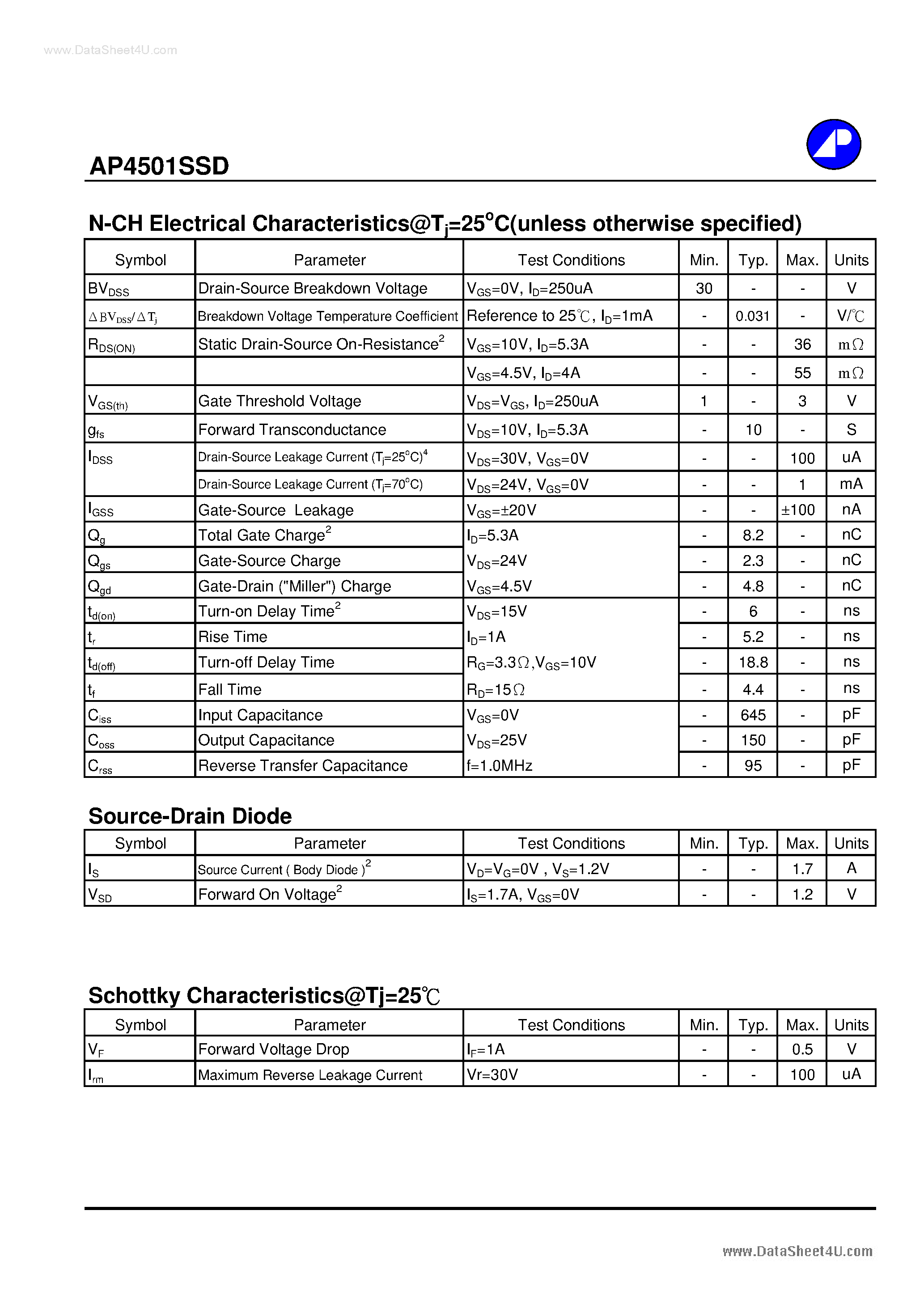 Datasheet AP4501SSD - N with Schottky AND P-CHANNEL ENHANCEMENT MODE POWER MOSFET page 2
