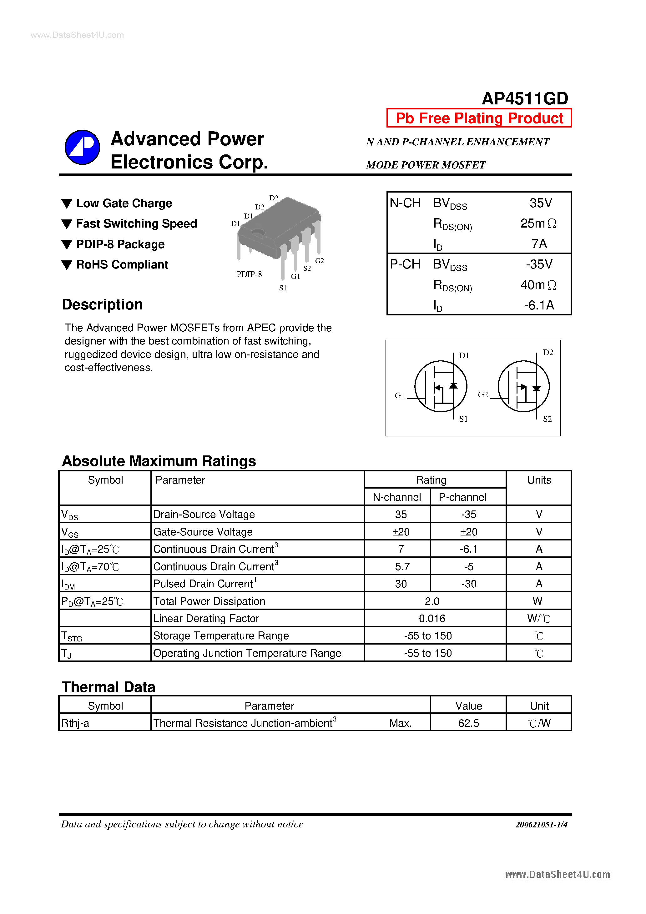 Datasheet AP4511GD - N AND P-CHANNEL ENHANCEMENT MODE POWER MOSFET page 1