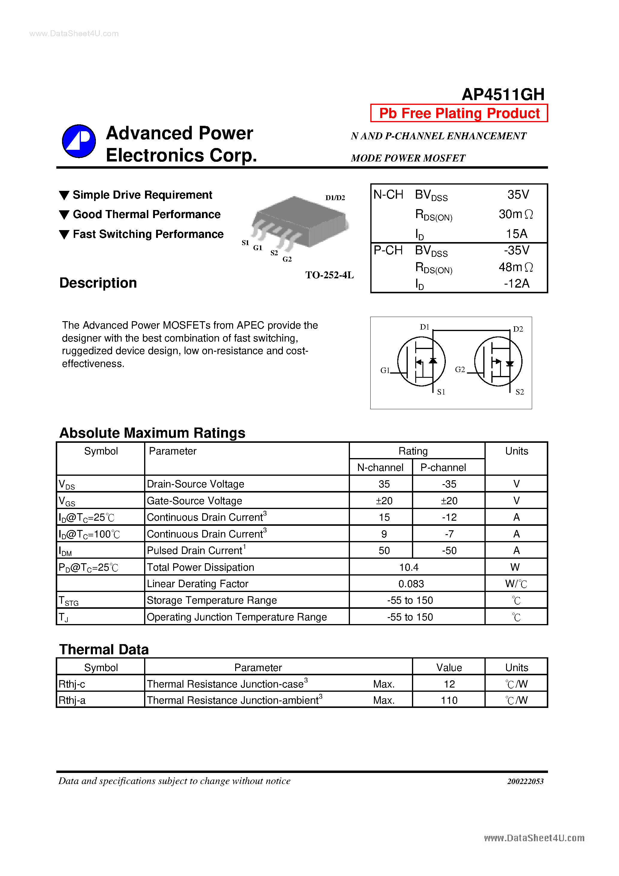 Даташит AP4511GH - N AND P-CHANNEL ENHANCEMENT MODE POWER MOSFET страница 1