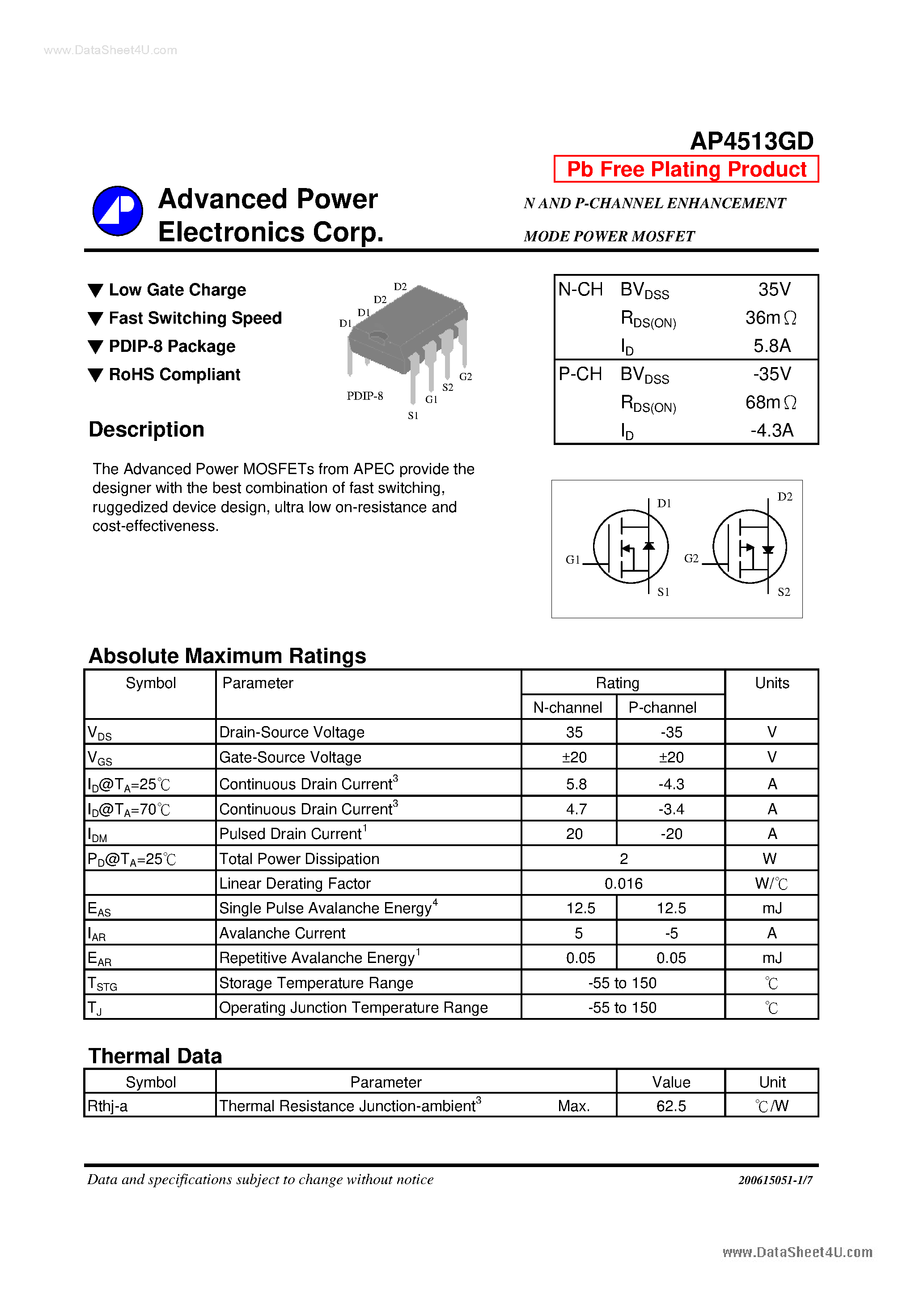 Datasheet AP4513GD - N AND P-CHANNEL ENHANCEMENT MODE POWER MOSFET page 1