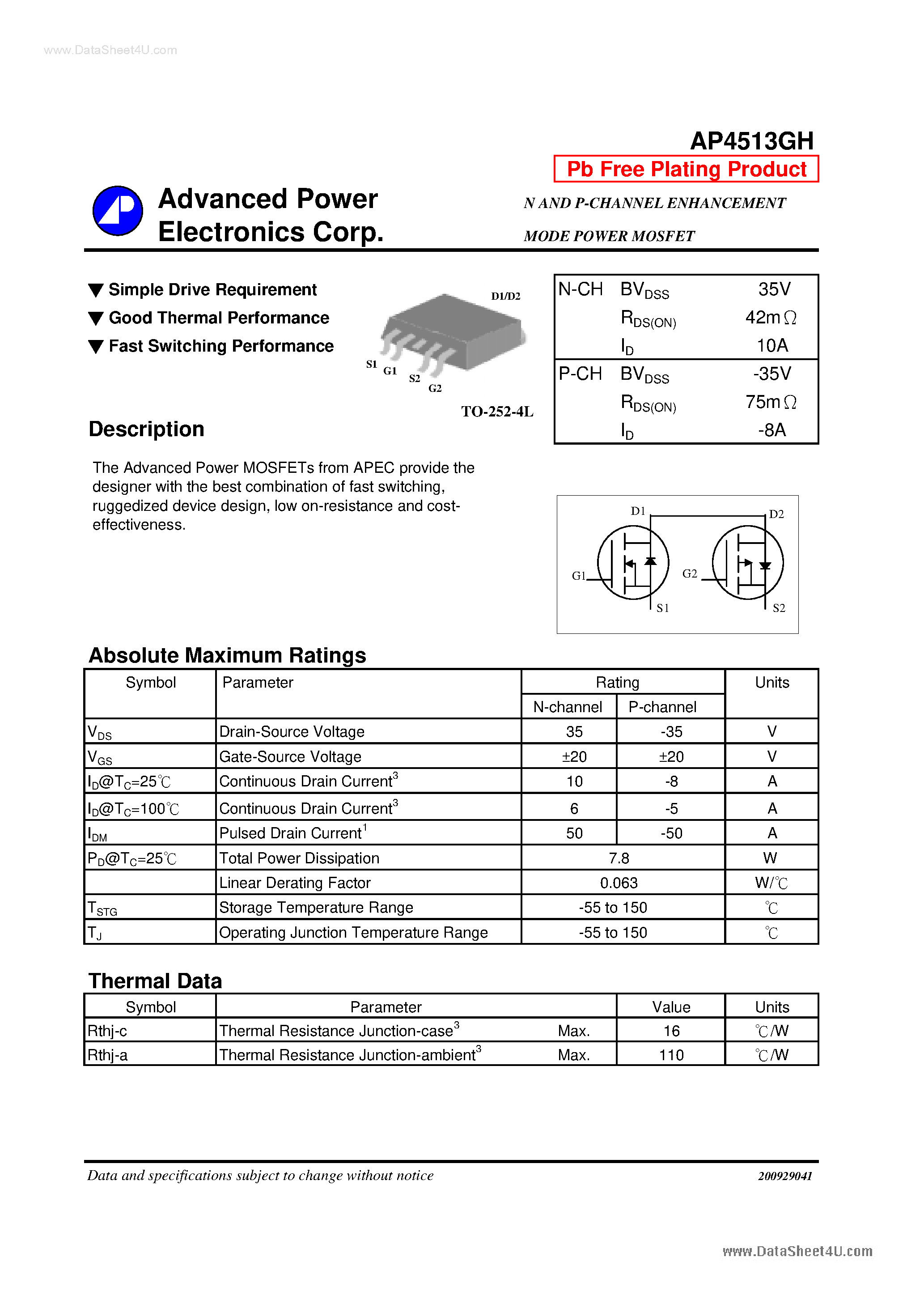 Даташит AP4513GH - N AND P-CHANNEL ENHANCEMENT MODE POWER MOSFET страница 1