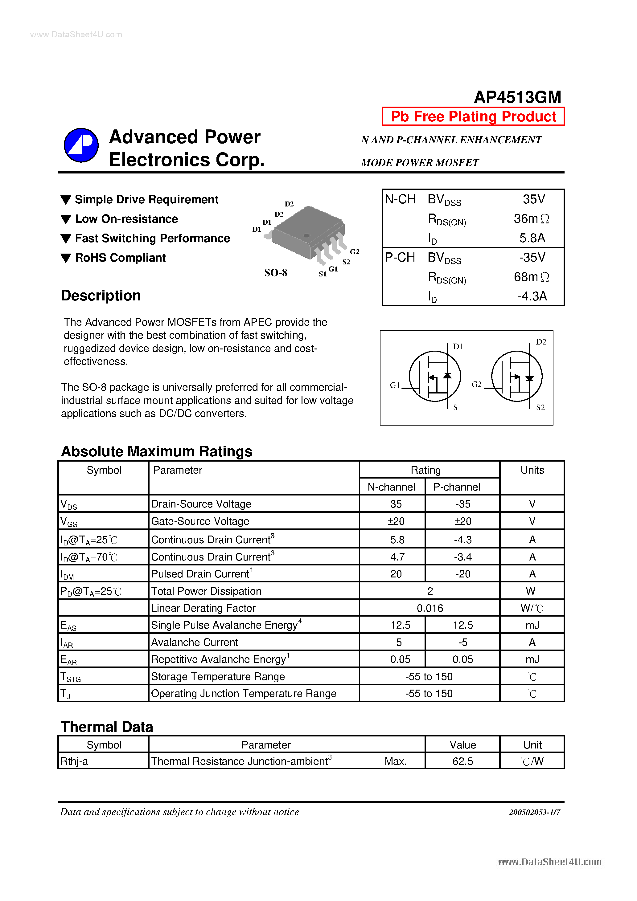 Даташит AP4513GM - N AND P-CHANNEL ENHANCEMENT MODE POWER MOSFET страница 1