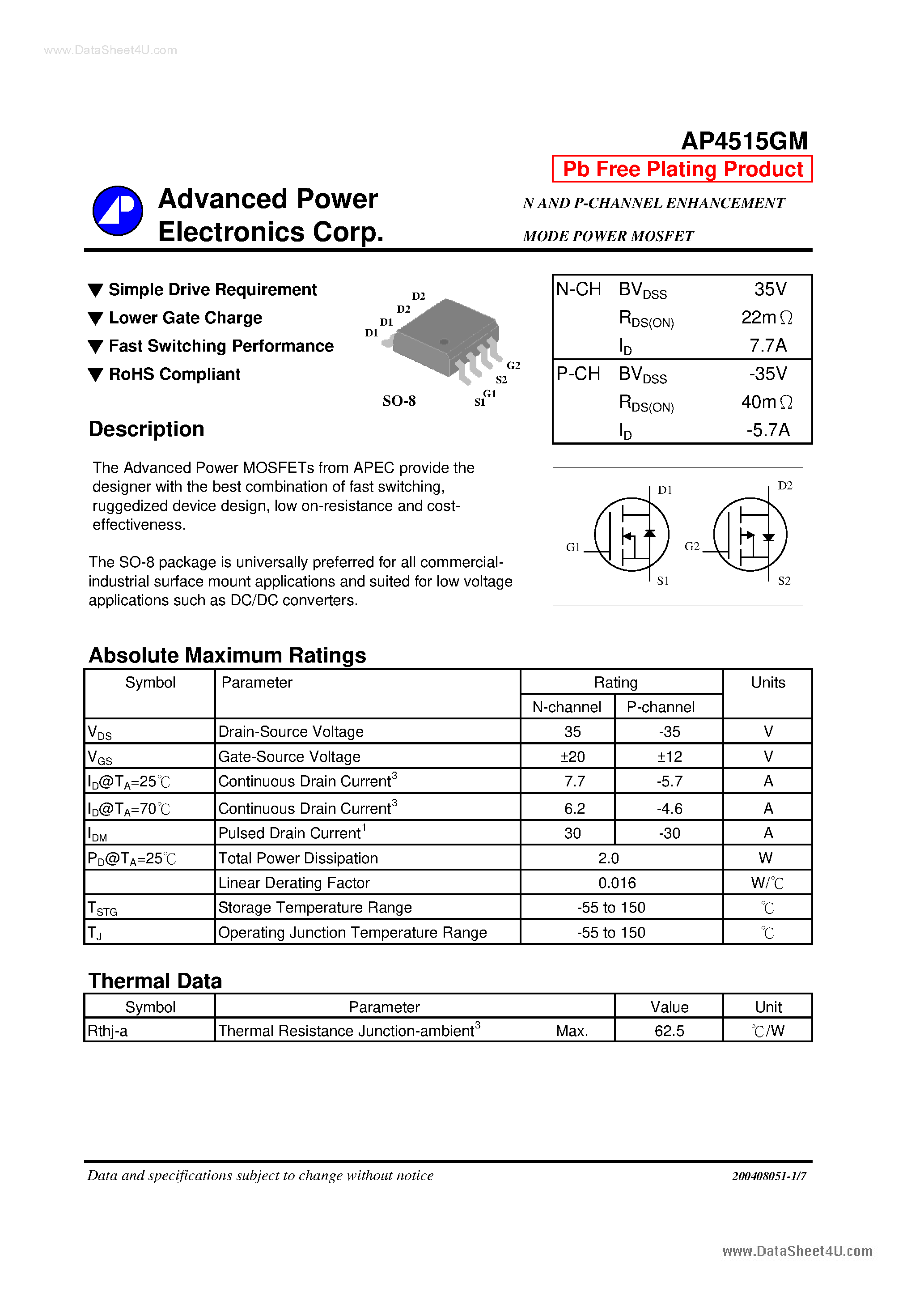Даташит AP4515GM - N AND P-CHANNEL ENHANCEMENT MODE POWER MOSFET страница 1