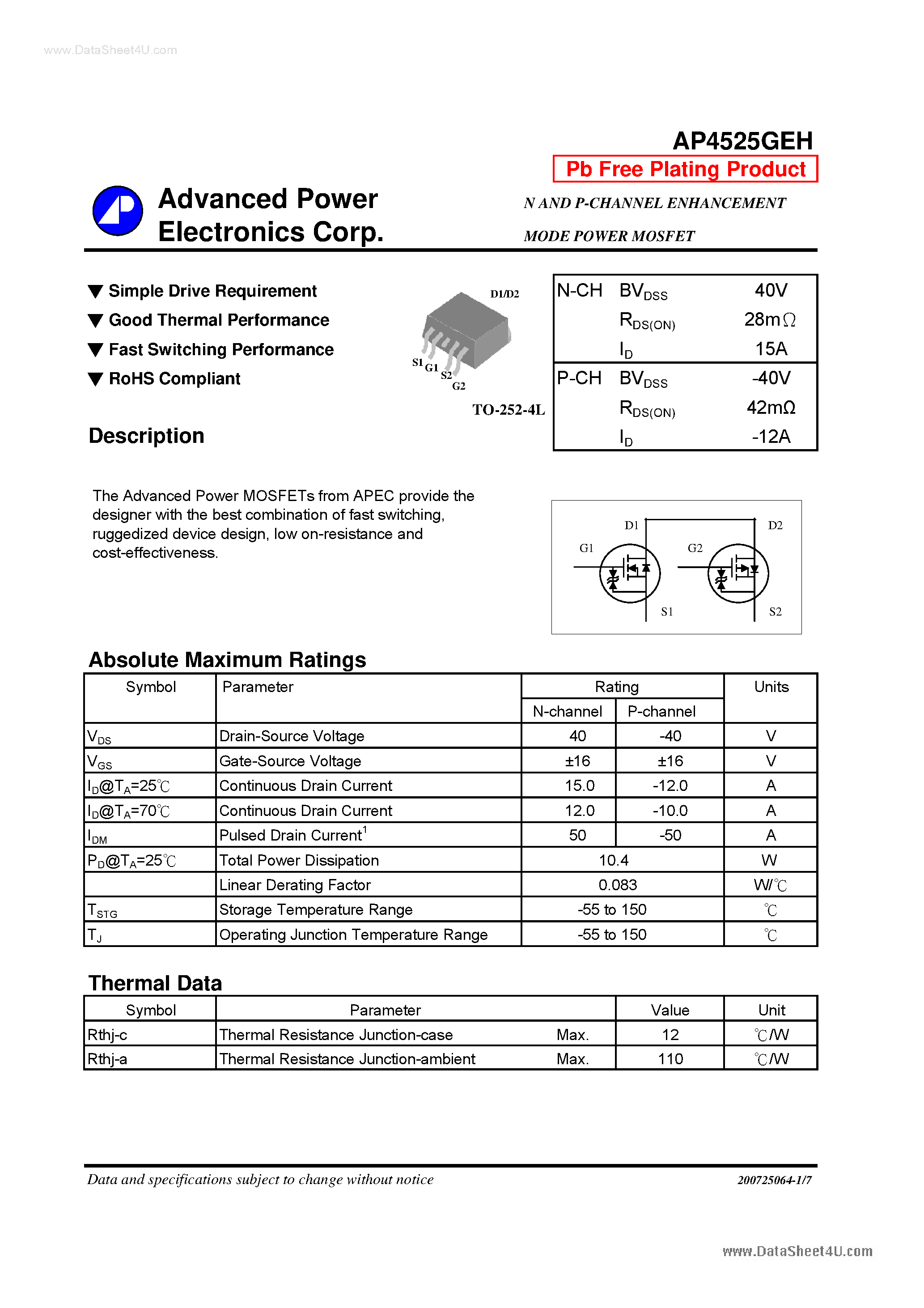 Даташит AP4525GEH - N AND P-CHANNEL ENHANCEMENT MODE POWER MOSFET страница 1
