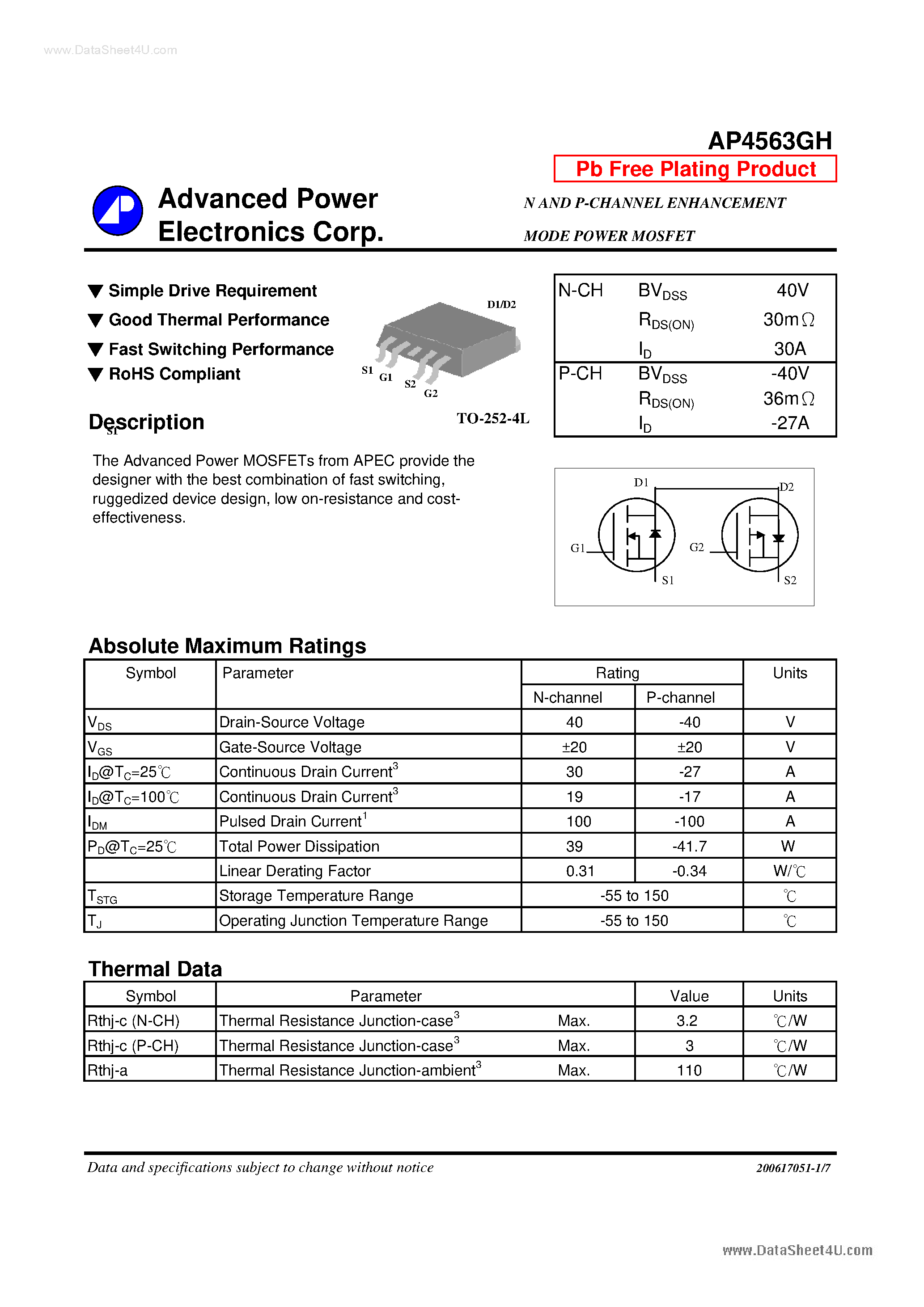 Даташит AP4563GH - N AND P-CHANNEL ENHANCEMENT MODE POWER MOSFET страница 1