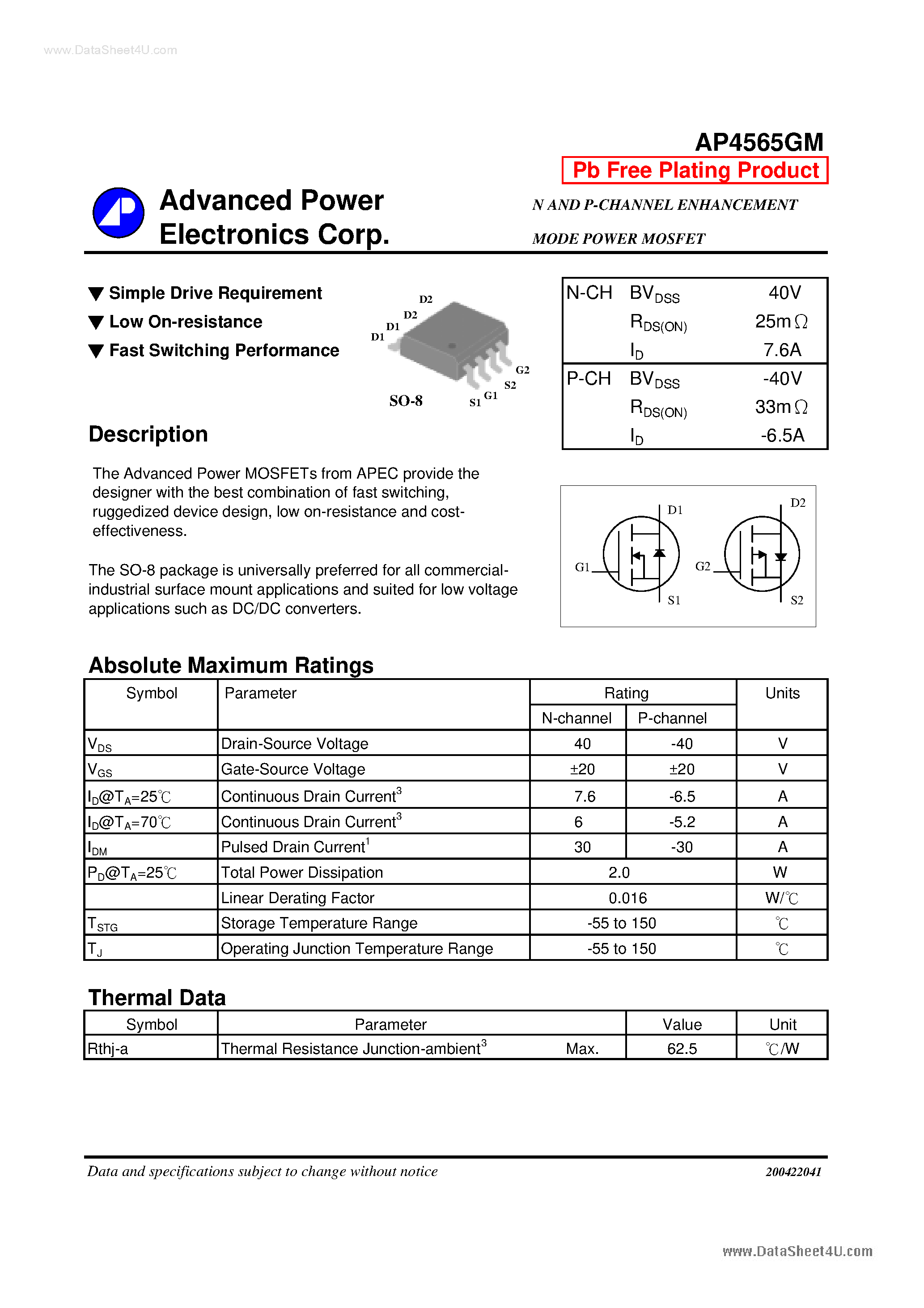 Даташит AP4565GM - N AND P-CHANNEL ENHANCEMENT MODE POWER MOSFET страница 1