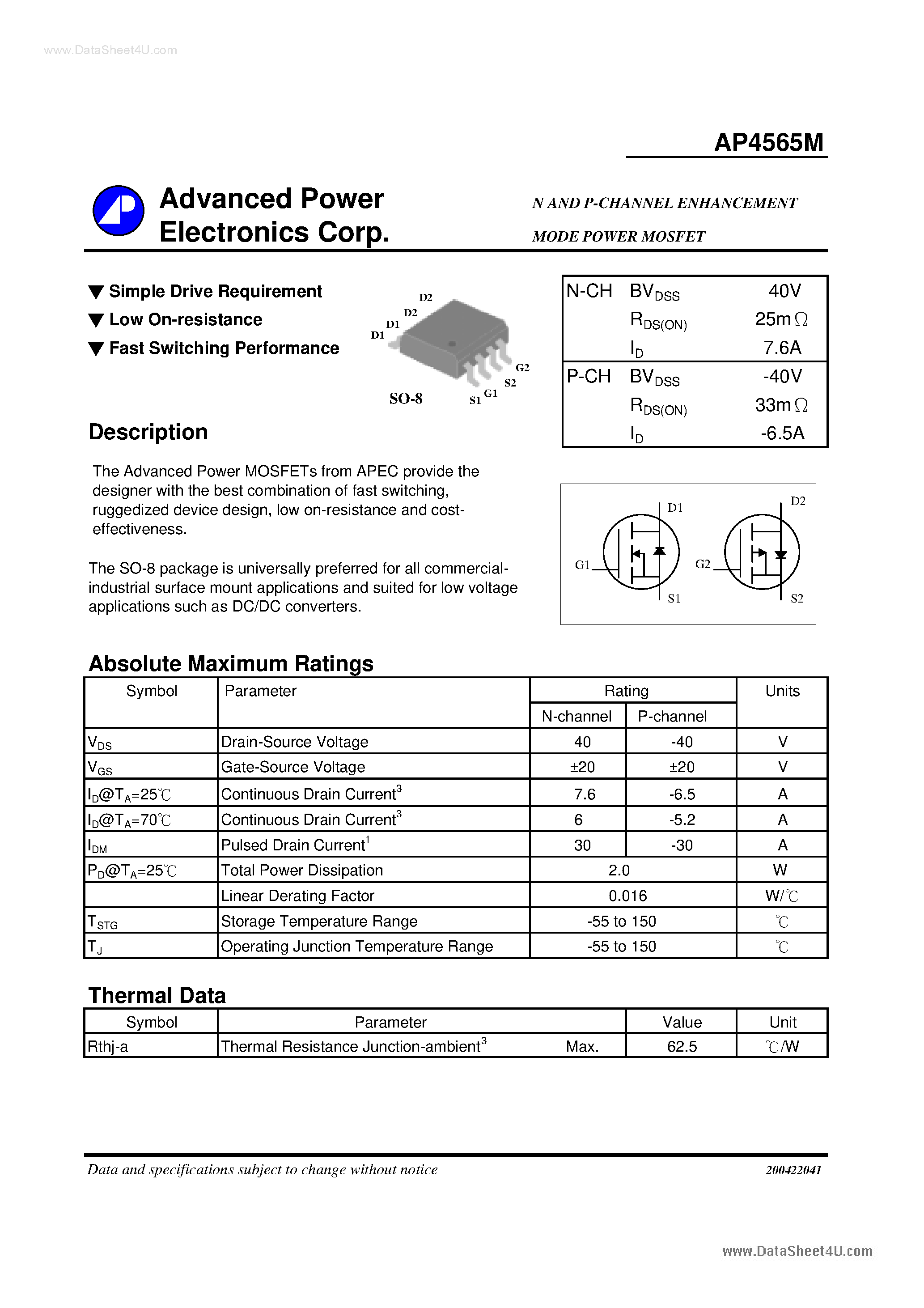 Даташит AP4565M - N AND P-CHANNEL ENHANCEMENT MODE POWER MOSFET страница 1
