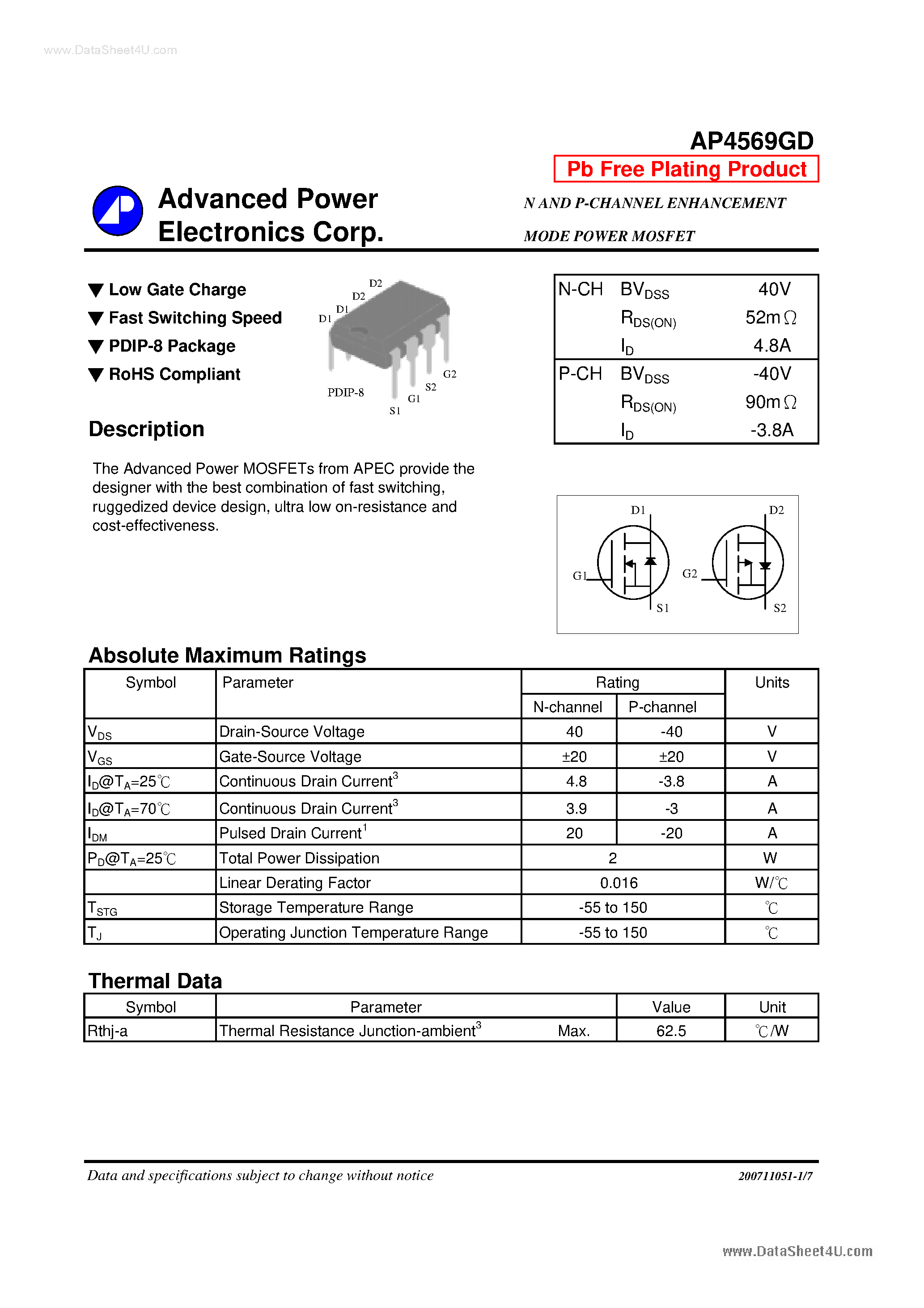 Даташит AP4569GD - N AND P-CHANNEL ENHANCEMENT MODE POWER MOSFET страница 1
