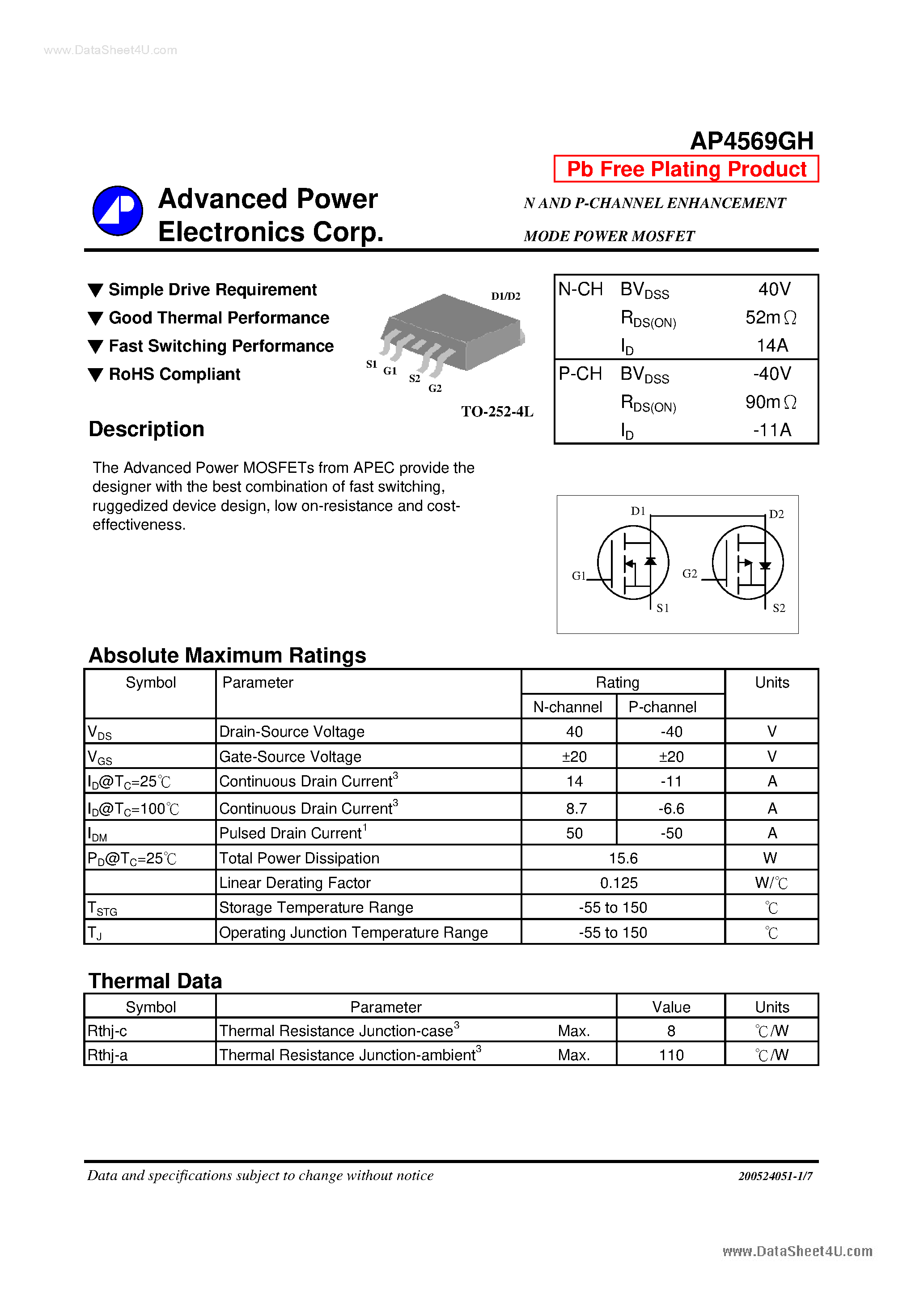 Даташит AP4569GH - N AND P-CHANNEL ENHANCEMENT MODE POWER MOSFET страница 1